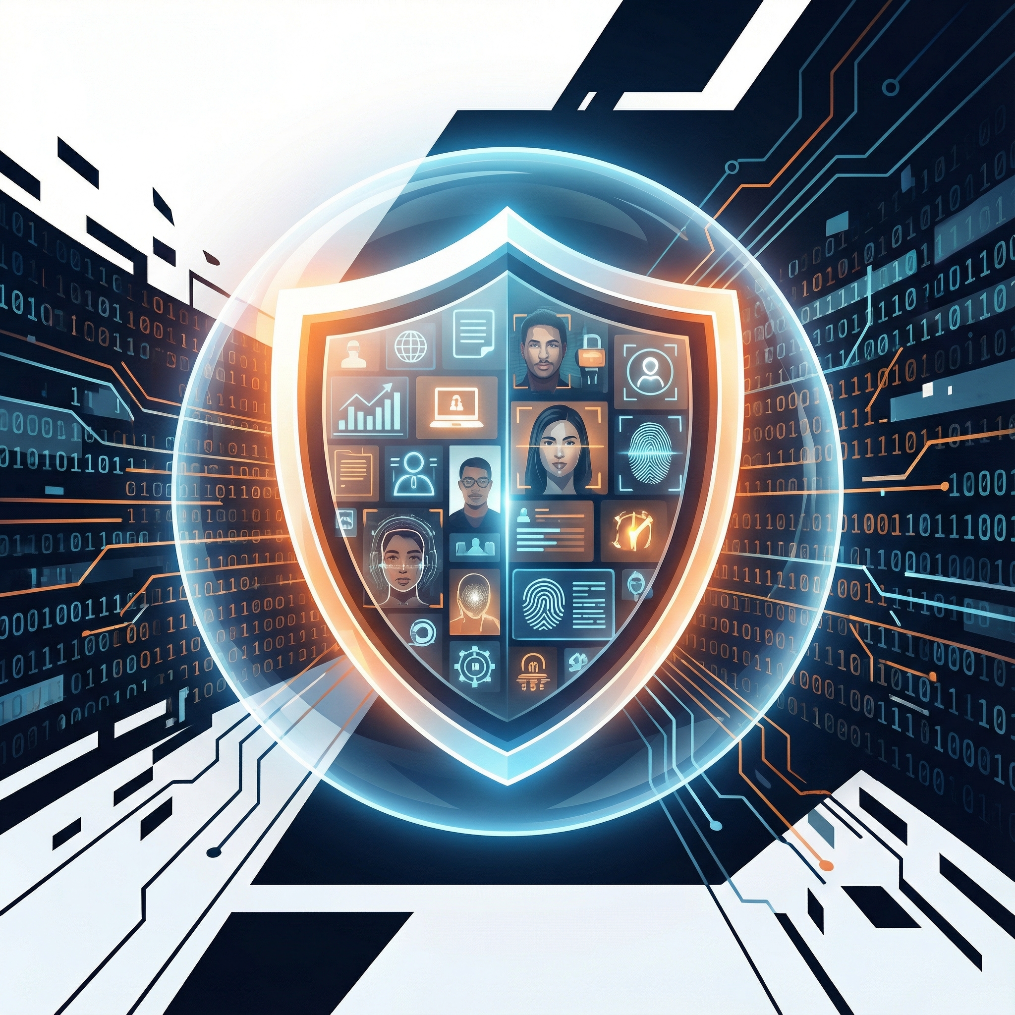 A professional digital illustration of a glowing shield protecting personal data and portraits, with abstract binary codes flowing in the background, clean and modern layout, high contrast, 1:1 aspect ratio, no text.
