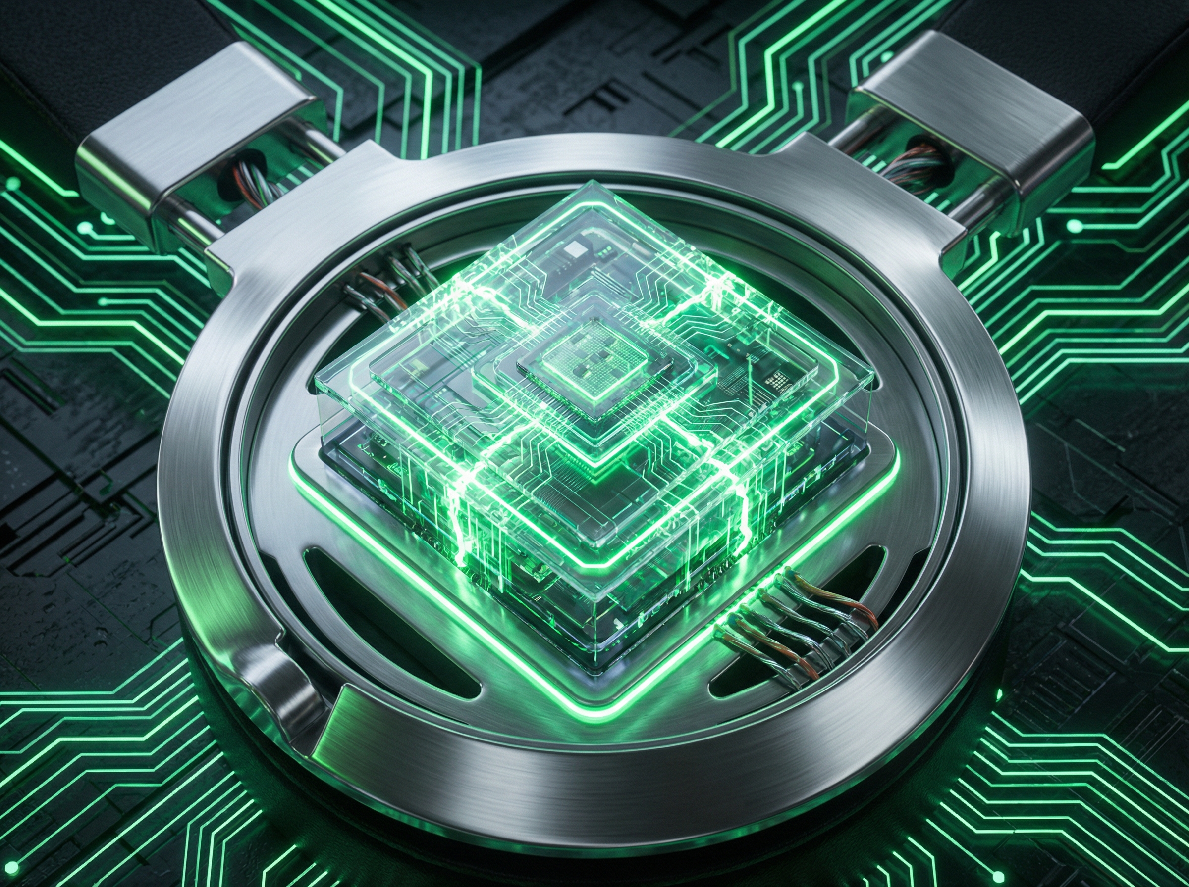 High-tech semiconductor chip glowing with energy inside a metallic headphone frame, digital circuit patterns in the background, neon green lighting, 4:3, no text