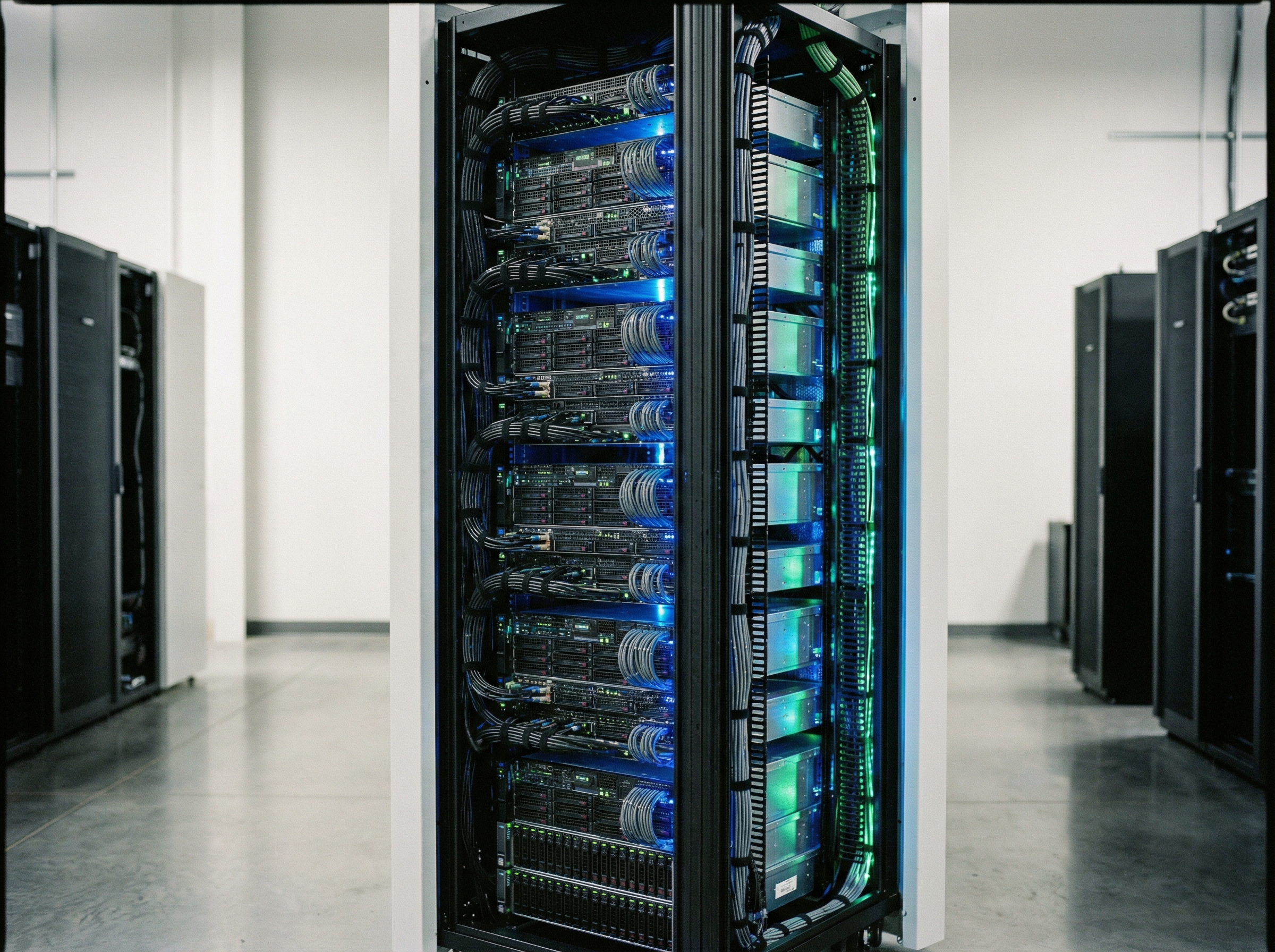 Multiple high-end workstations stacked in a professional server rack inside a minimalist data center, soft blue and green ambient lighting, organized cabling, 4:3 aspect ratio, no visible text