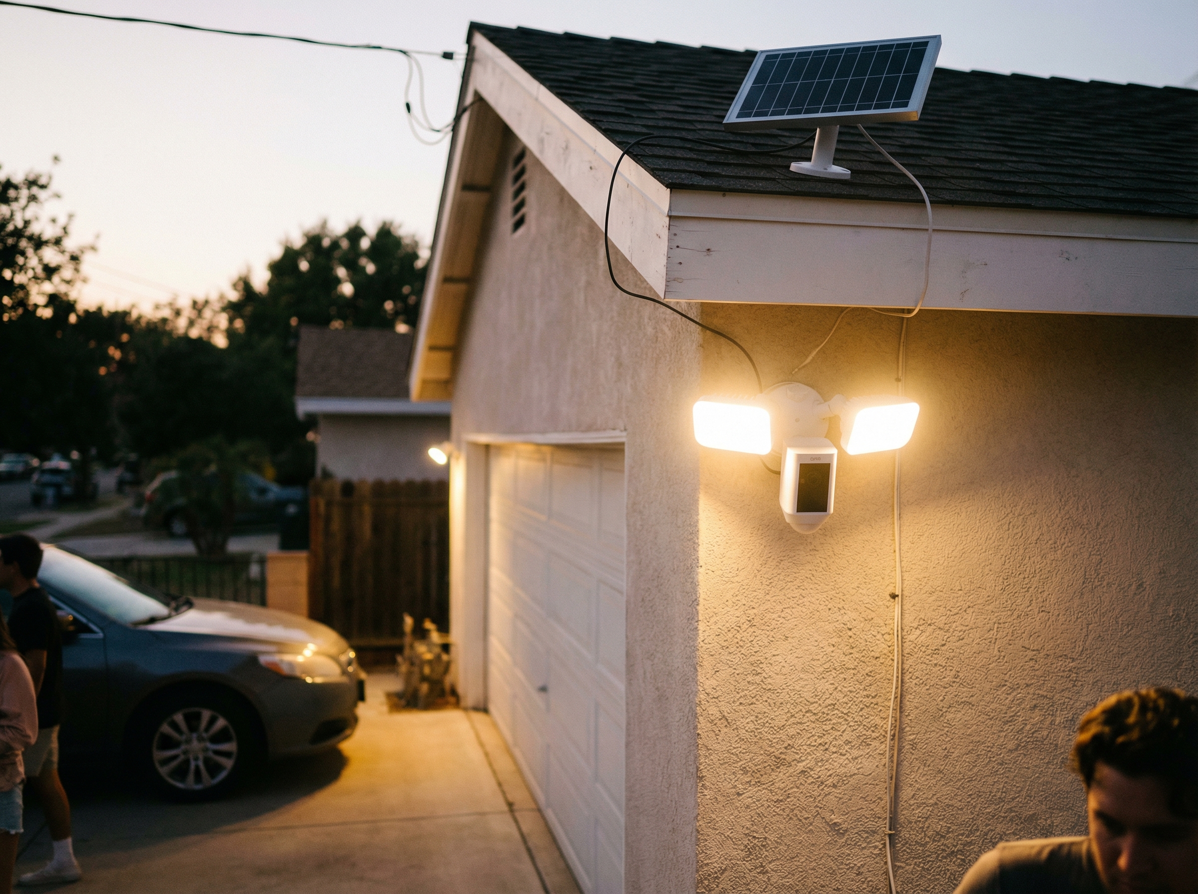Outdoor solar powered security camera mounted on a garage wall with bright floodlights turned on at dusk, realistic lifestyle photography, warm ambient lighting, 4:3 aspect ratio, no text