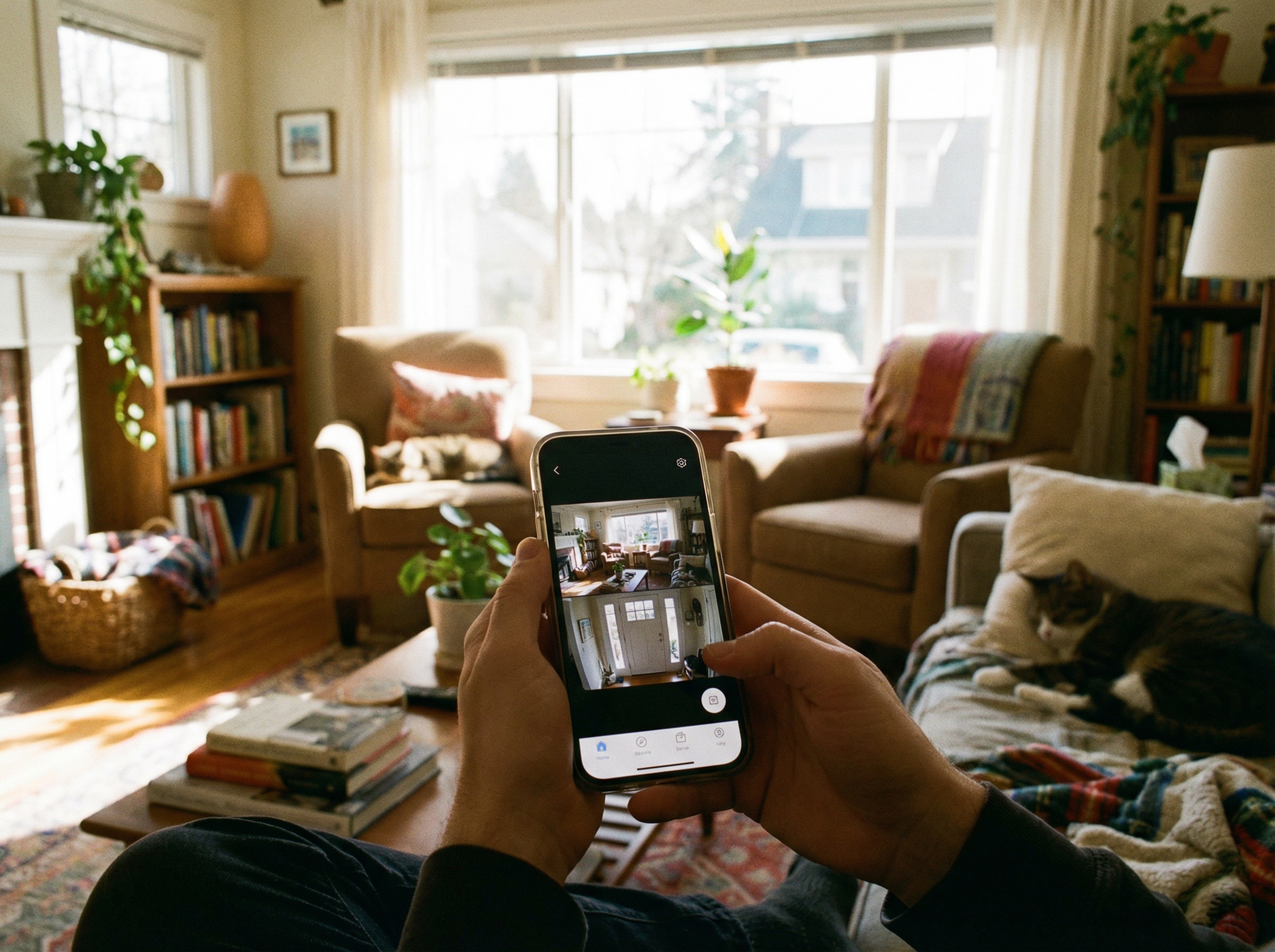 A person holding a smartphone showing a home security app in a cozy living room, natural sunlight, detailed background, high-quality photography, 4:3 aspect ratio, no text