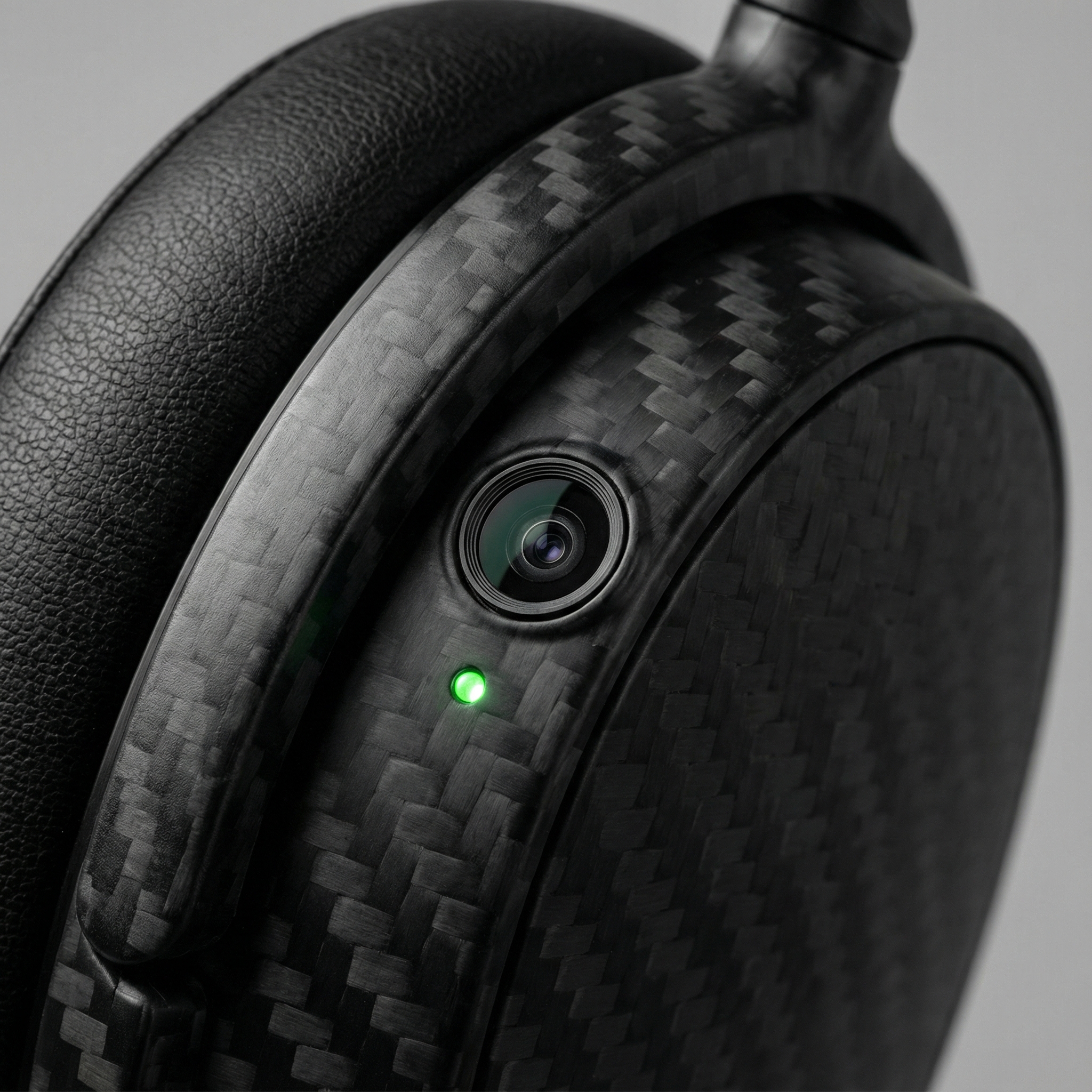 Close-up detail of a headphone earcup showing a small high-definition camera lens integrated into the frame, carbon fiber texture, glowing green indicator light, professional tech product photography, 1:1 aspect ratio, sharp focus, no text.