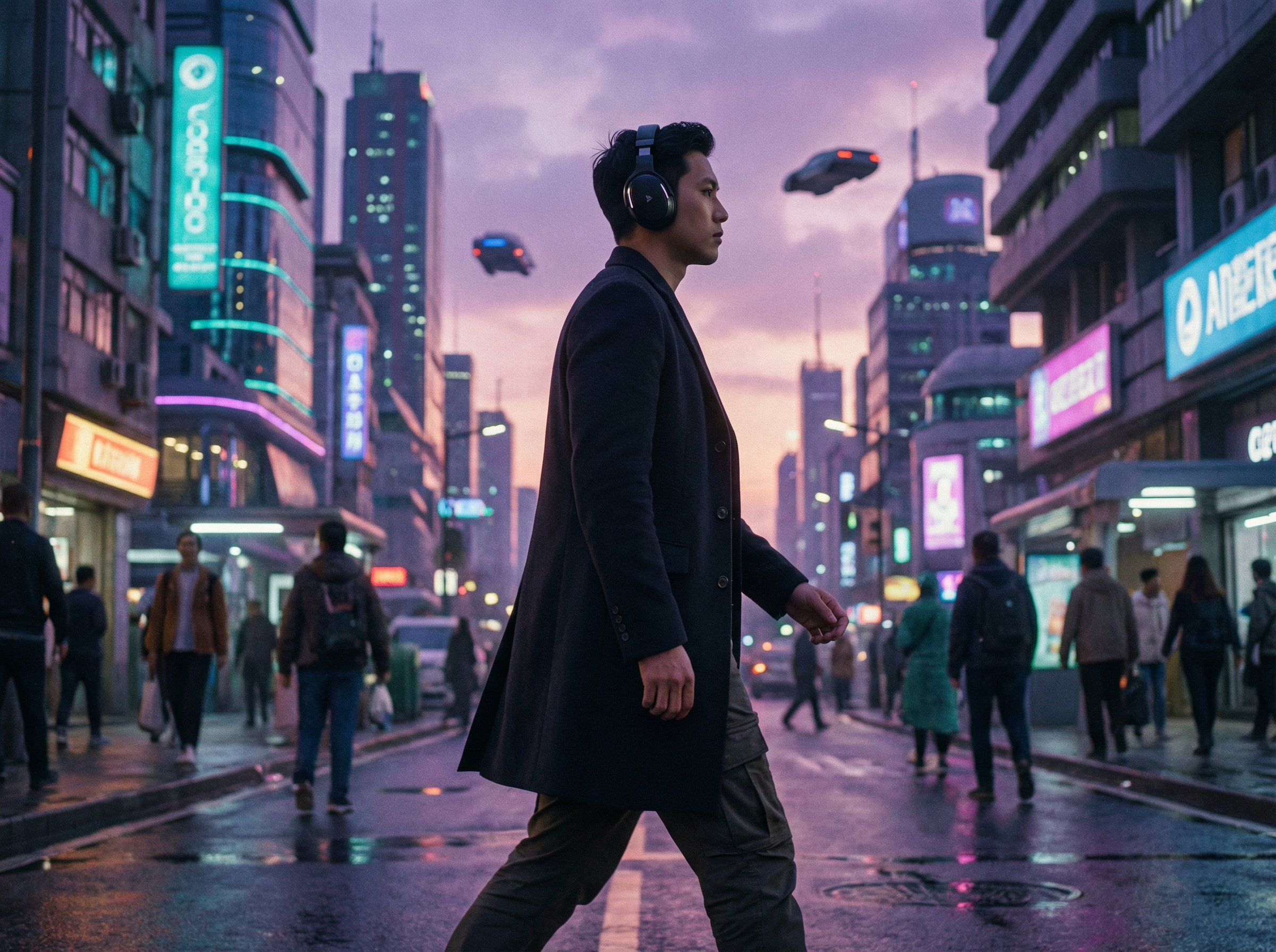 A side view of a stylish person walking through a futuristic city street at dusk wearing sleek black AI headphones, soft city lights in the background, cinematic atmosphere, 4:3 aspect ratio, high quality, no text.