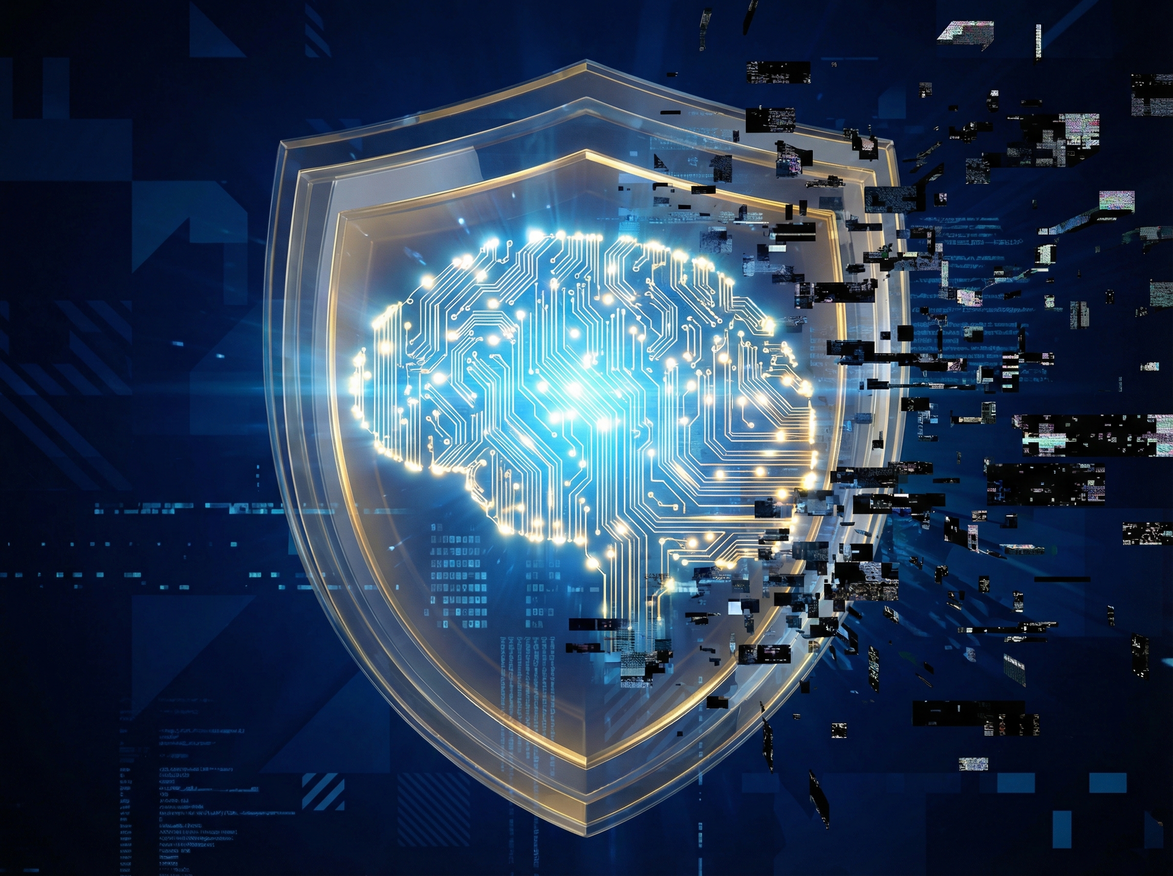 A high-quality 4:3 image showing an abstract representation of digital ethics and AI safety. A glowing brain silhouette is protected by transparent shields while dark pixelated glitch fragments try to penetrate. High contrast with deep blue and gold tones. No text.