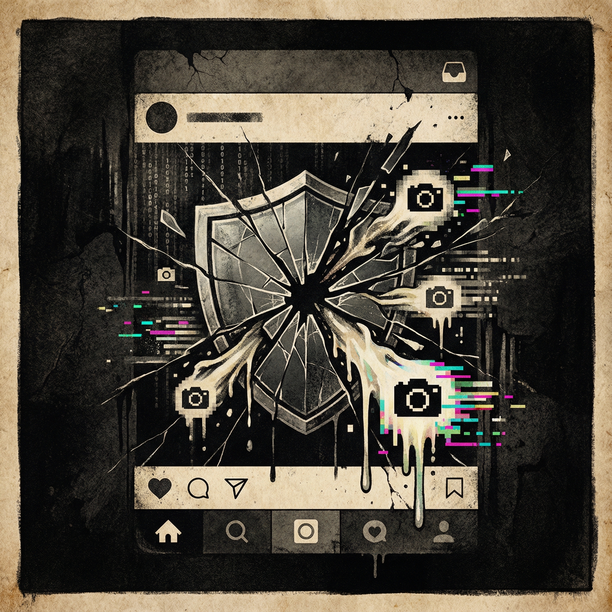 A detailed 1:1 illustration showing a metaphorical broken digital filter on a social media interface. Symbols of cameras and pixels are leaking through a cracked shield. Dark artistic rendering with textured background. No text.