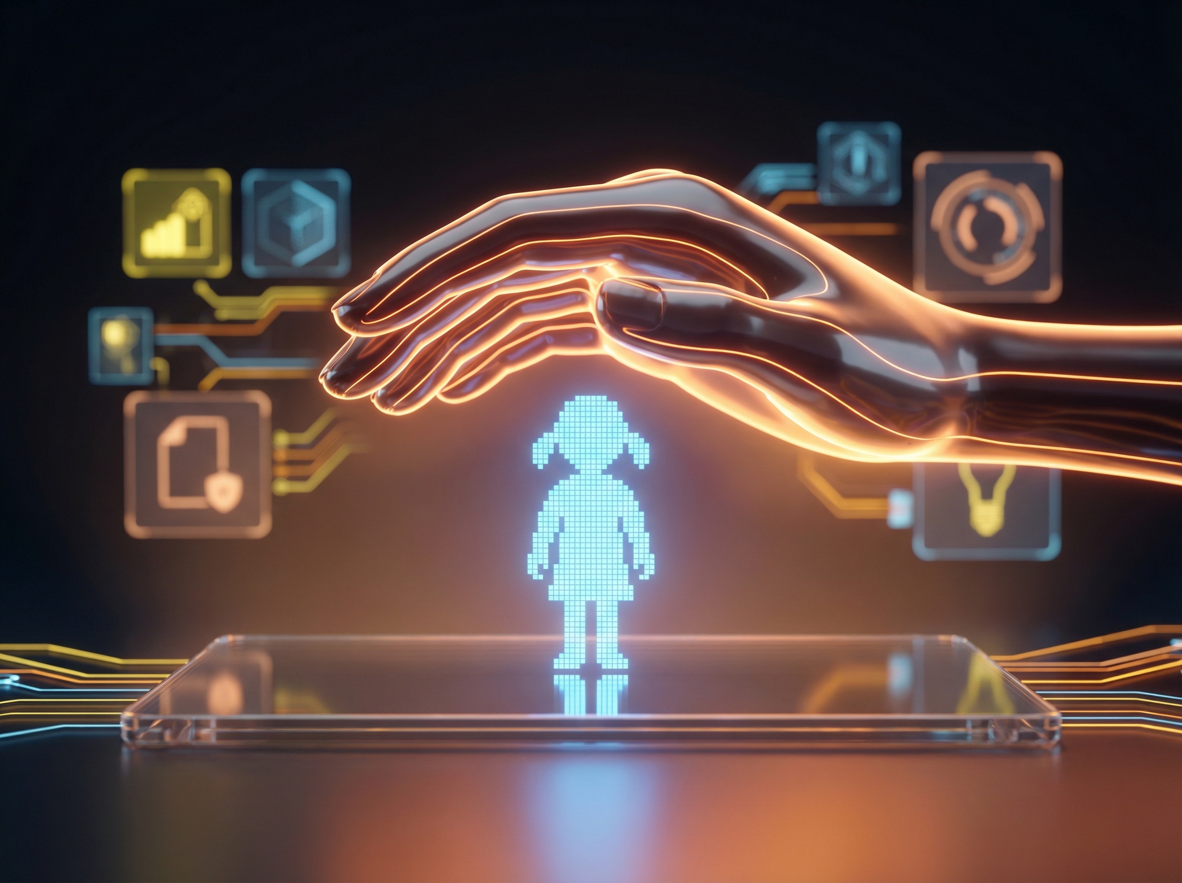 A clean and modern 4:3 layout showing a protective hand over a digital pixelated child figure. High-tech interface elements surrounded by warm light to emphasize protection. No visible text.