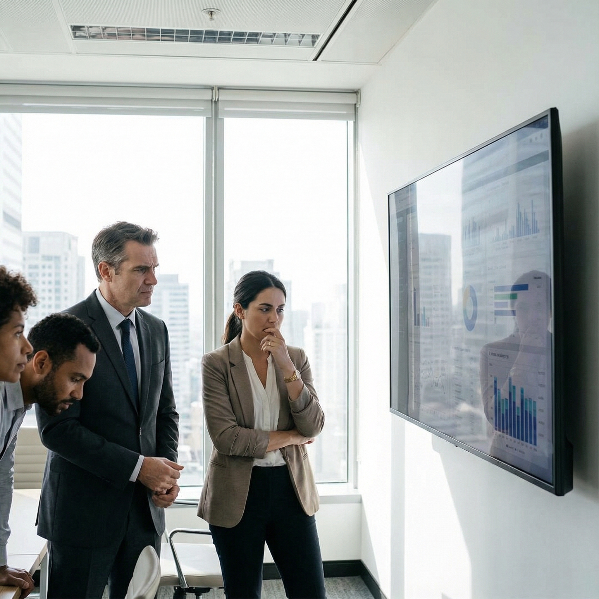 A realistic 1:1 photo of business investors in a modern office looking at a screen with concern. Natural lighting, professional setting, diverse group of people. Focus on their serious expressions regarding a digital ethics report. No text.