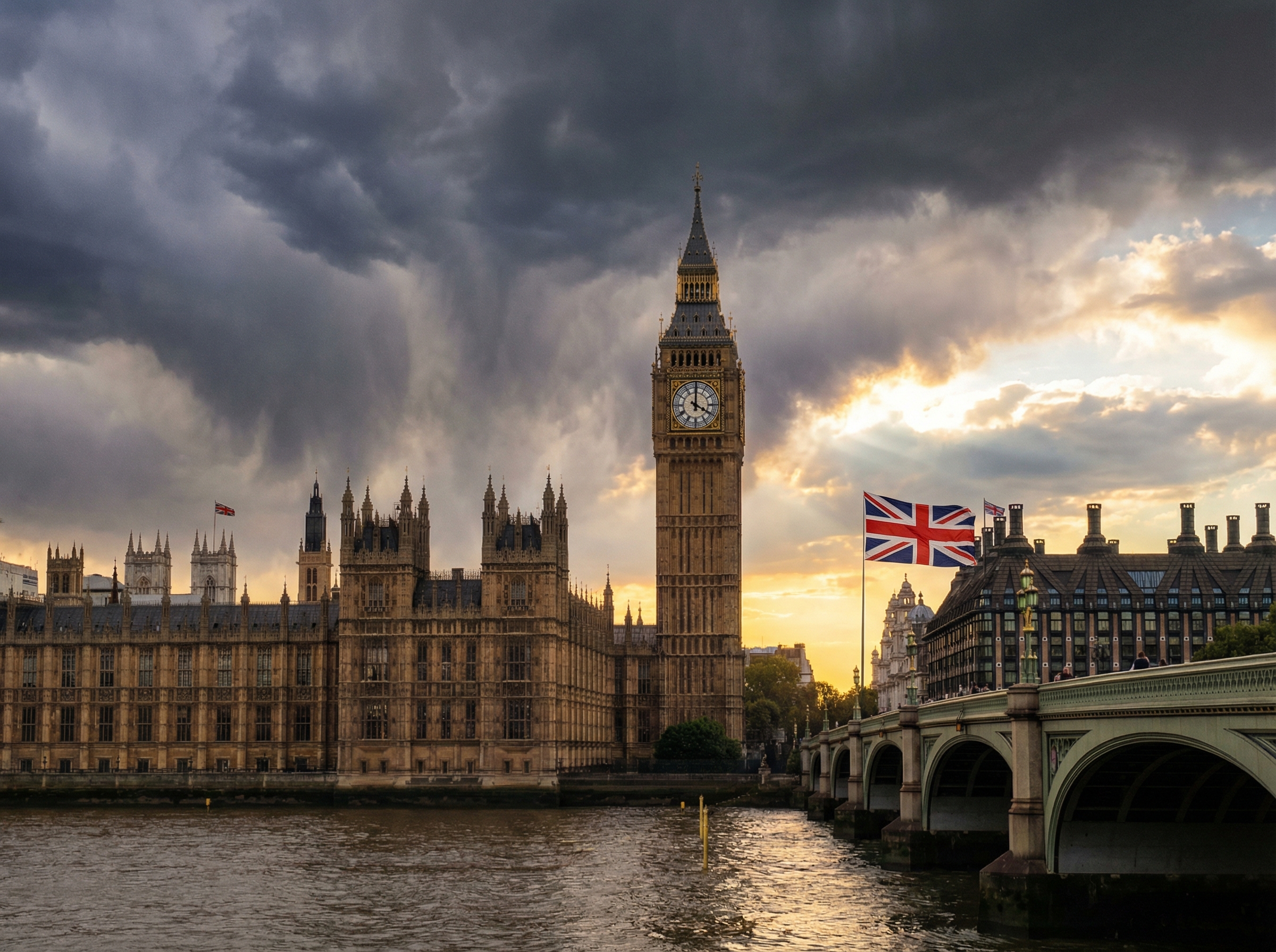 A professional photography of the Palace of Westminster in London with a dramatic sky, symbolizing UK political authority and legislative action, warm evening light, high resolution, 4:3 aspect ratio, no text.