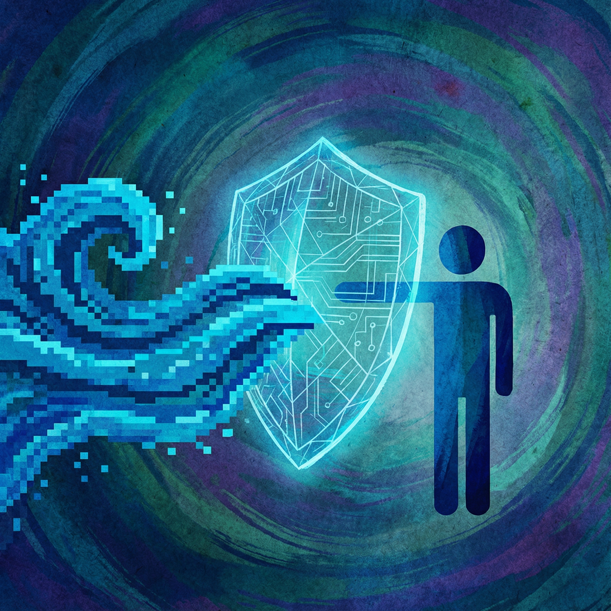 An artistic illustration of a digital shield protecting a stylized human silhouette from pixelated waves, representing digital safety and privacy protection, deep blue and teal tones, textured background, 1:1 aspect ratio, no text.