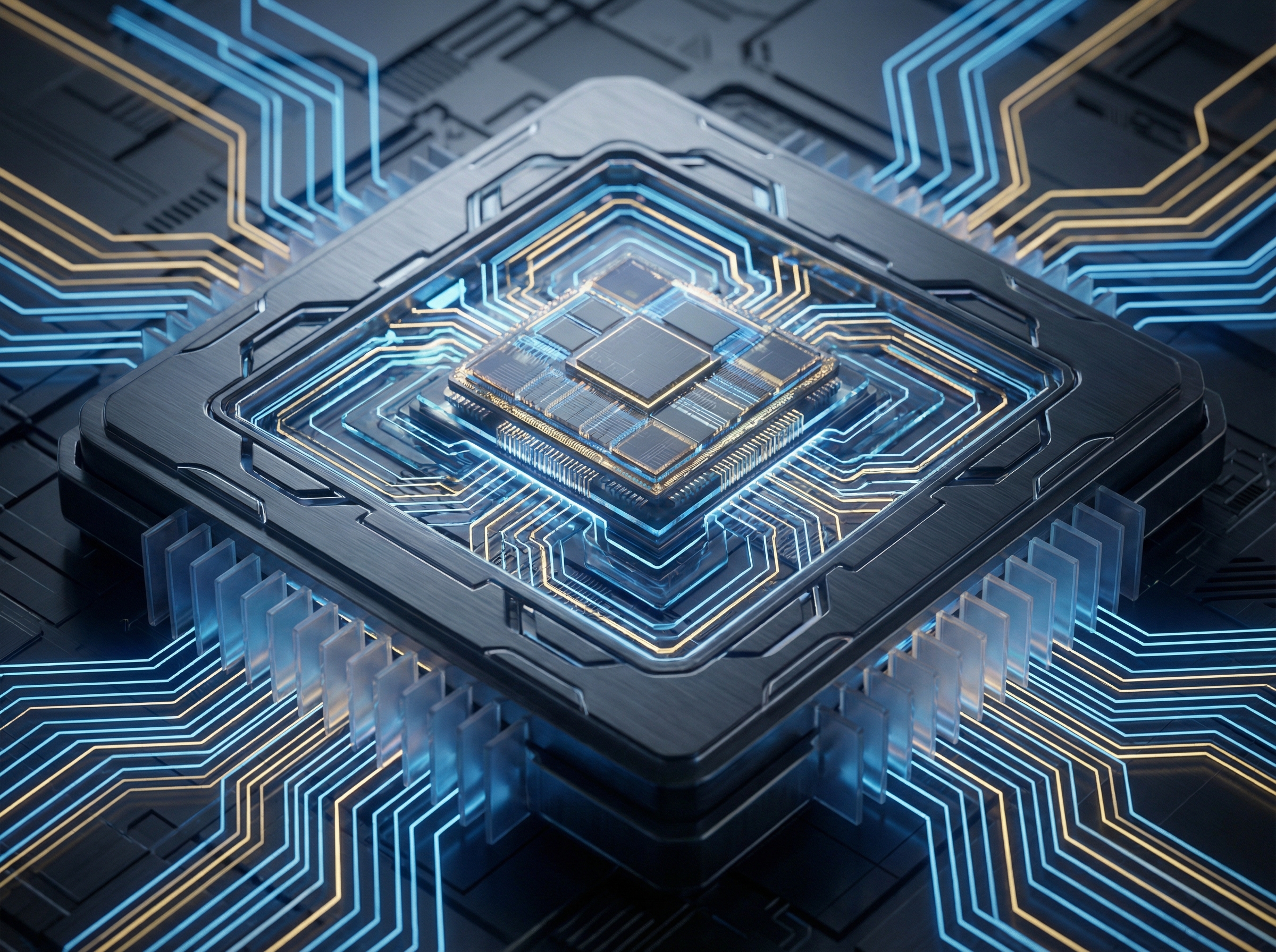 Close-up of a high-performance AI processor chip, glowing blue and gold circuits, intricate micro-architecture, futuristic technology concept, dark metallic background, high contrast, aspect ratio 4:3, no text