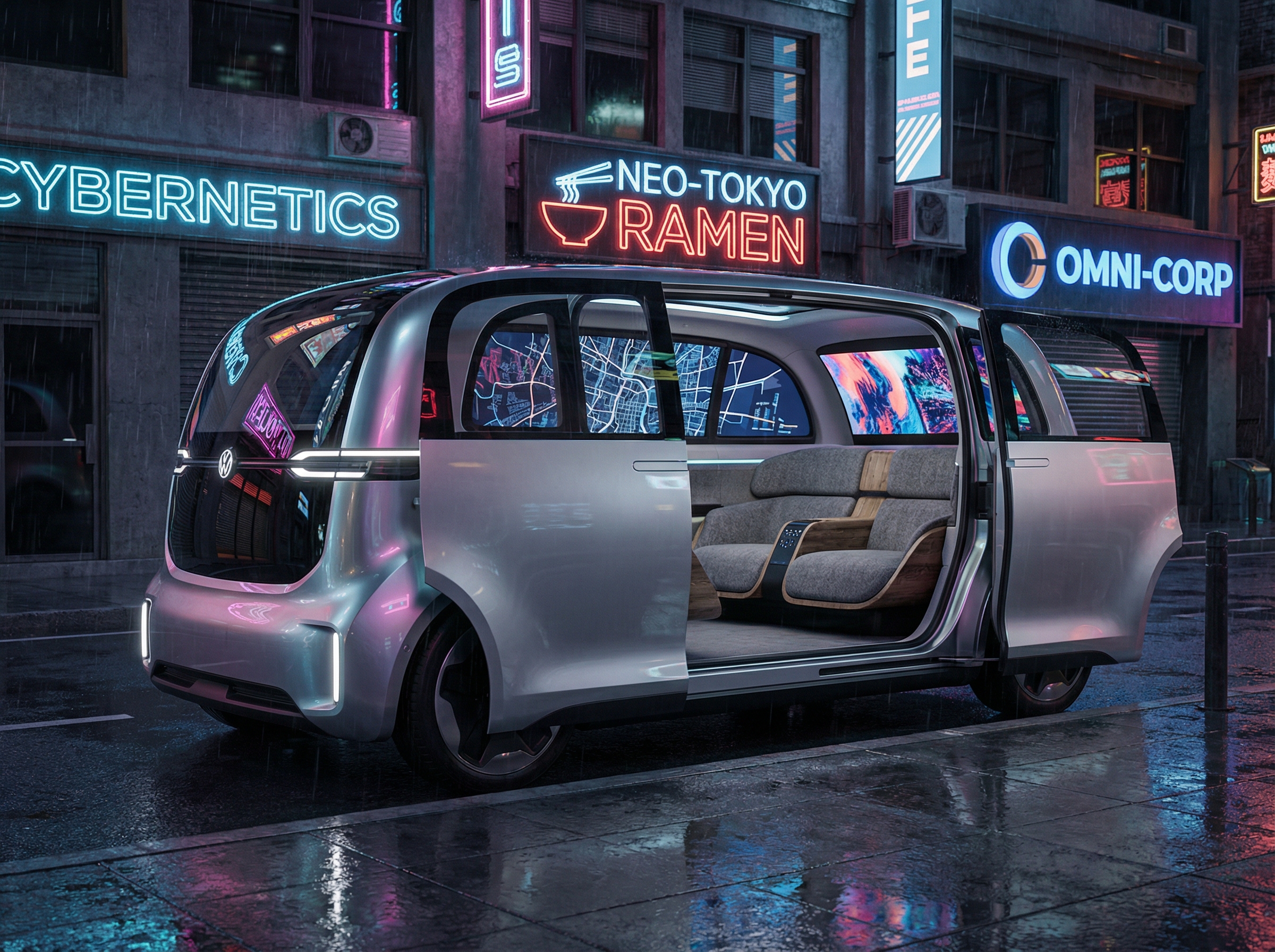 Futuristic sleek electric SUV robotaxi, minimalist interior with large digital displays, no steering wheel, premium materials, parked on a modern city street at night with neon reflections, aspect ratio 4:3, no text
