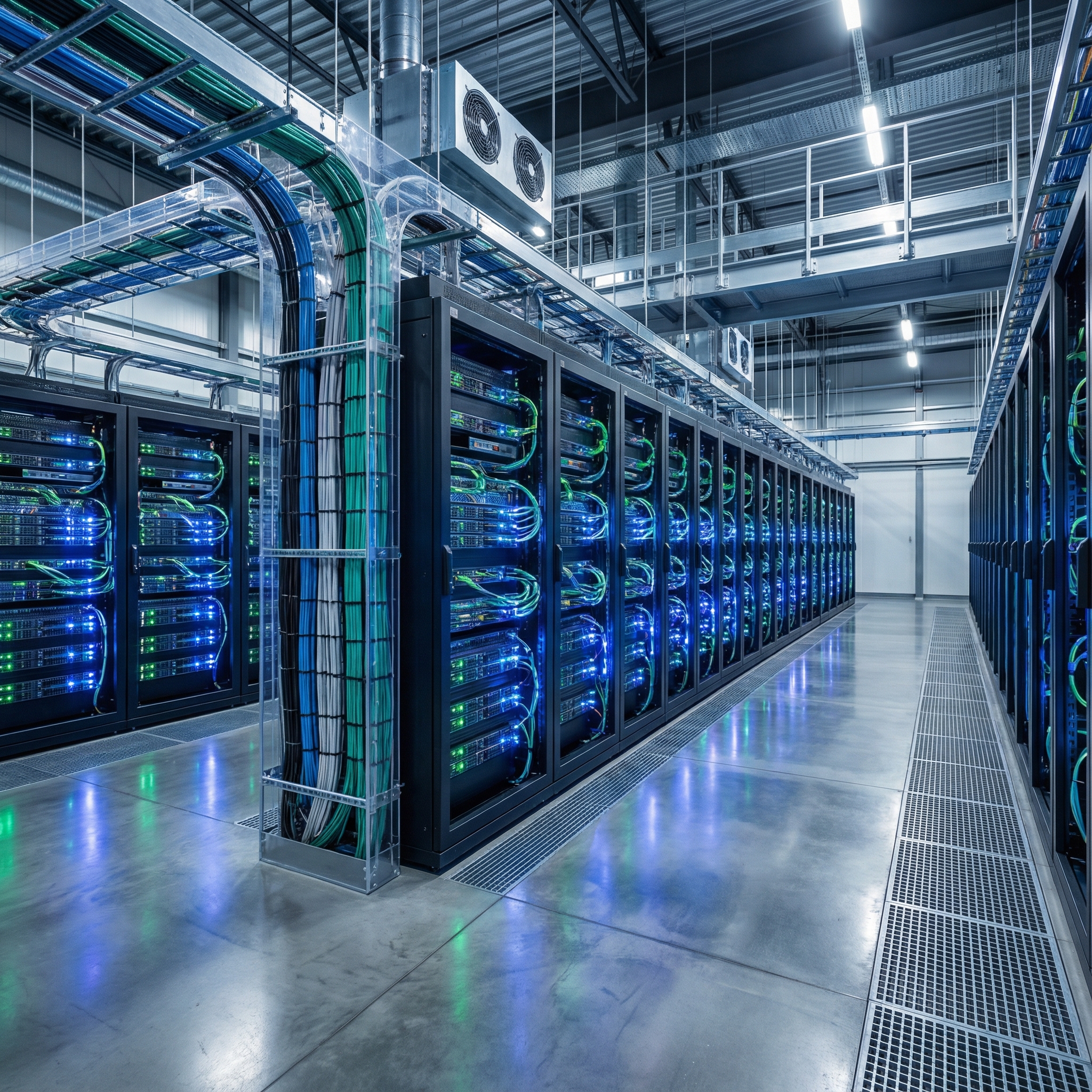 High-tech data center interior, rows of server racks with blue and green indicator lights, clean and organized cable management, futuristic industrial aesthetic, wide angle perspective, aspect ratio 1:1, no text