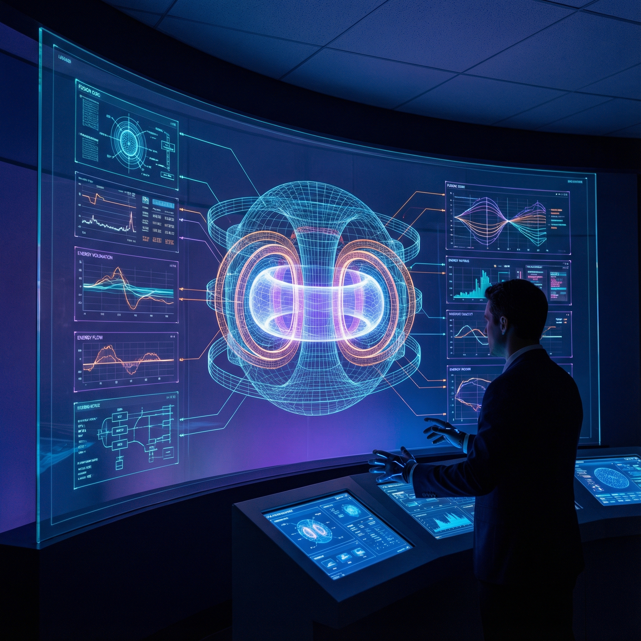 Digital twin of a fusion reactor on a large futuristic computer monitor, complex data overlays, 3D modeling, dark room with glowing blue interface, 1:1, no text