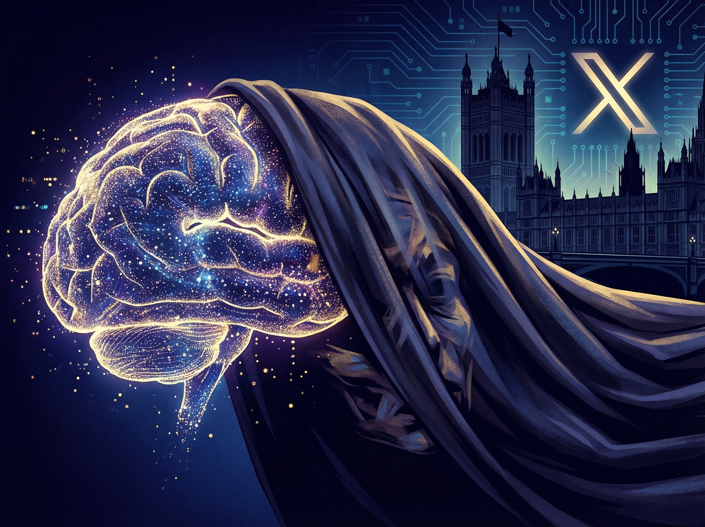 A high-quality digital illustration representing the conflict between AI technology and digital ethics. A glowing brain silhouette made of data particles is partially covered by a dark cloth, symbolizing hidden deepfakes. In the background, a subtle UK government building and the X logo are visible with high contrast. 4:3 aspect ratio, no visible text.
