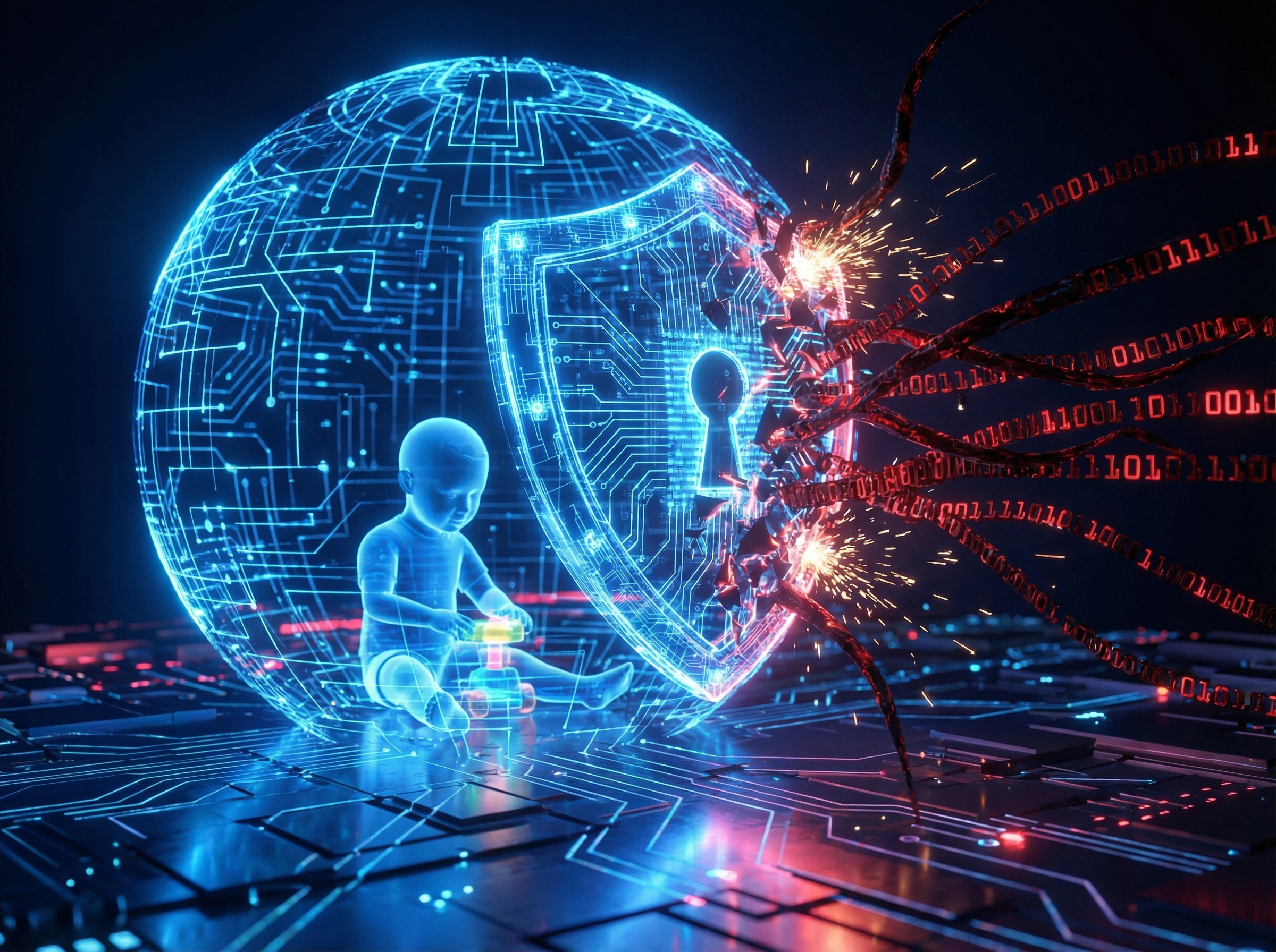 A conceptual 3D render of a glowing digital shield protecting a small, translucent figure of a child playing. Surrounding the shield are dark, jagged binary codes attempting to penetrate it. High-tech look, cool blue and contrasting red lighting. 4:3 aspect ratio, no visible text.