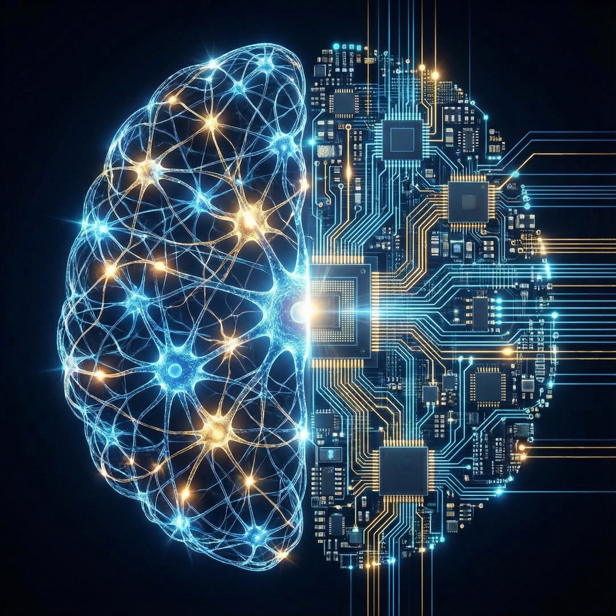 Abstract representation of human brains vs computer circuits, glowing neurons and data lines, high contrast, blue and gold lighting, no text, 1:1