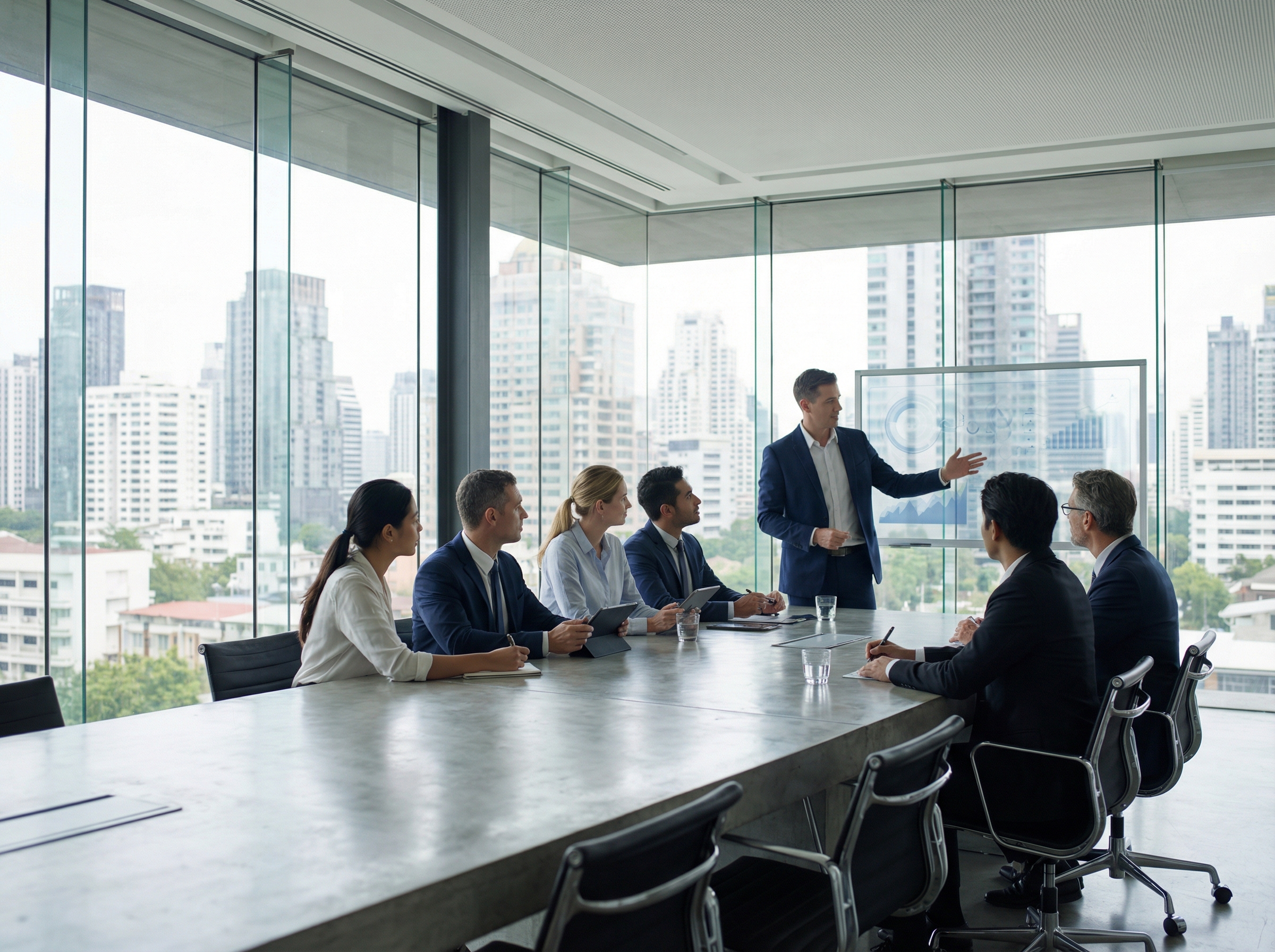 Professional people in a minimalist high-tech conference room discussing policy, large windows with a city view, realistic photography, natural lighting, no text, 4:3