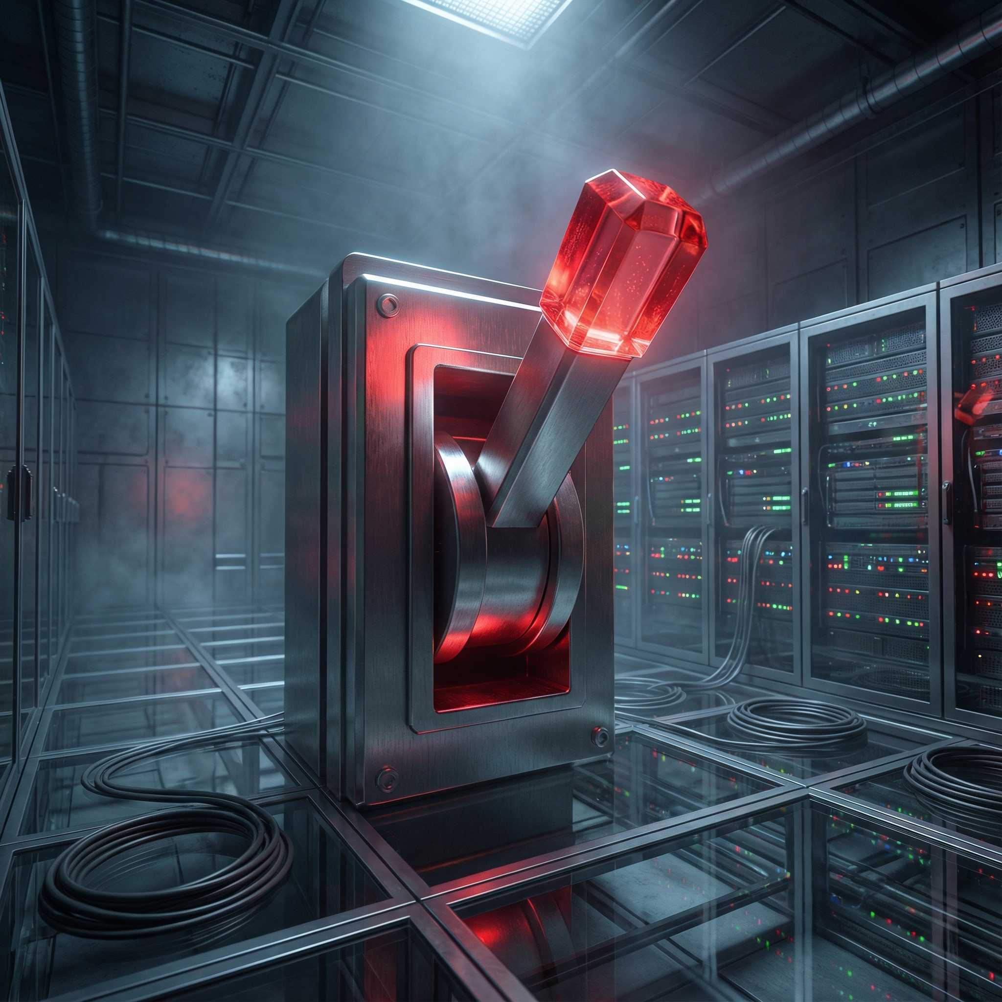 A giant glowing red physical switch in a high-tech server room environment, dramatic lighting, detailed textures, cinematic atmosphere, no text, 1:1