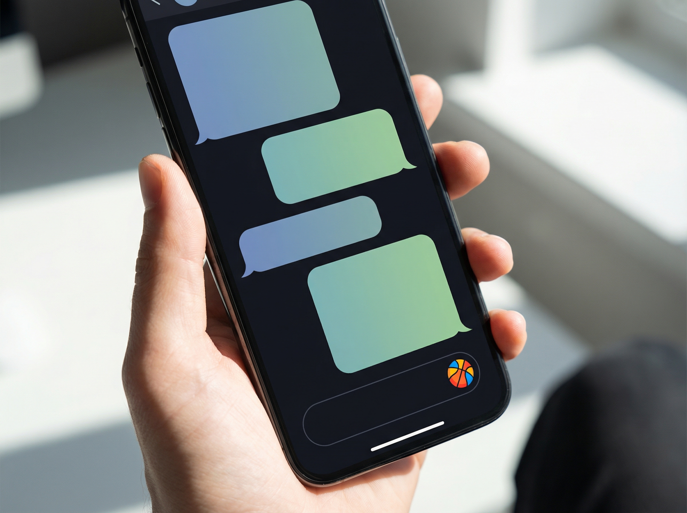 A modern smartphone screen showing a stylish social media messaging interface with a small colorful basketball icon near the text input field. Clean and modern aesthetic, no text, 4:3 aspect ratio.