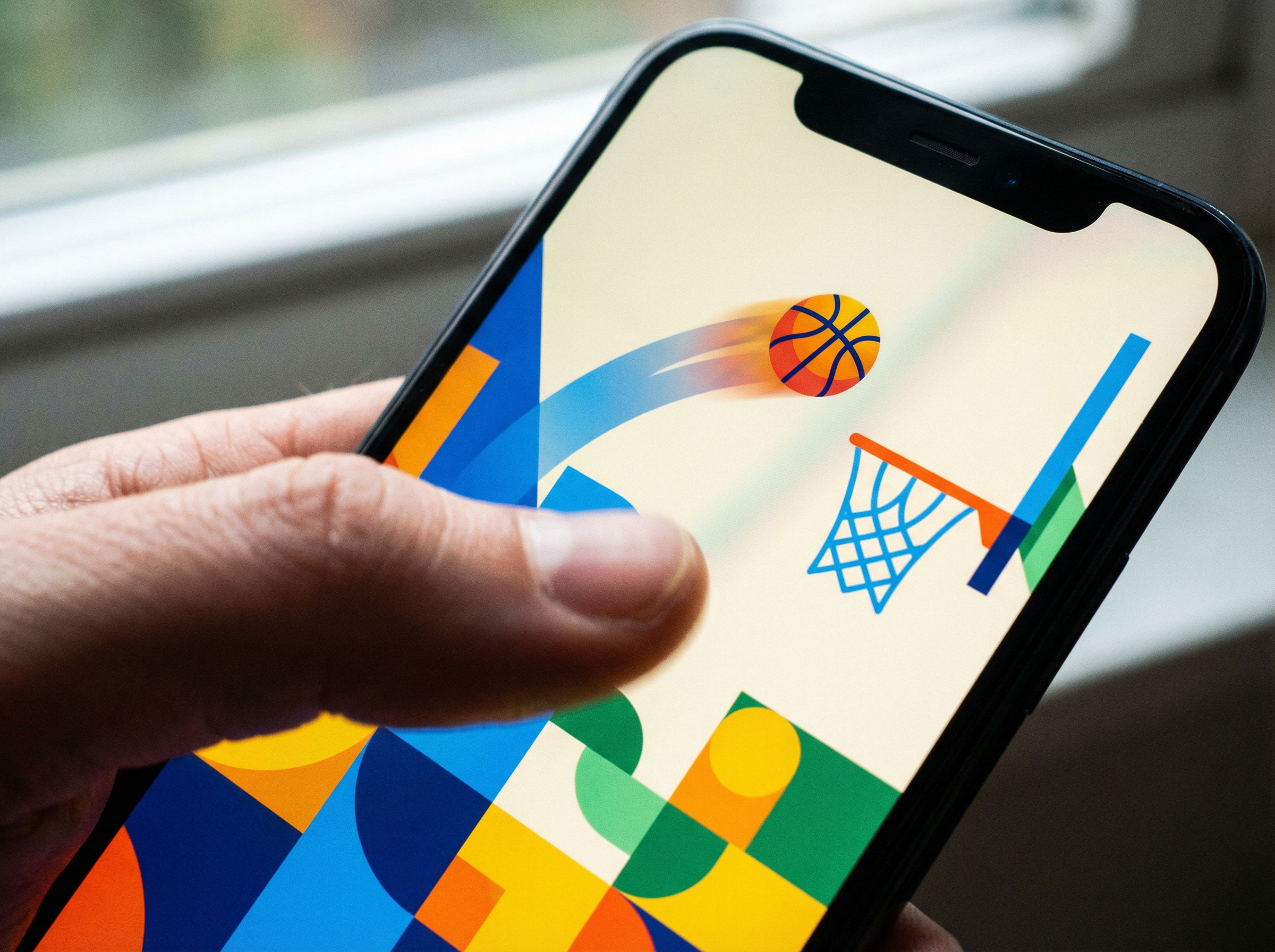 Close up of a person's finger swiping on a smartphone screen, a virtual basketball flying towards a hoop in a minimalist and colorful game UI. Natural hand movement, realistic indoor lighting, 4:3 aspect ratio, no text.