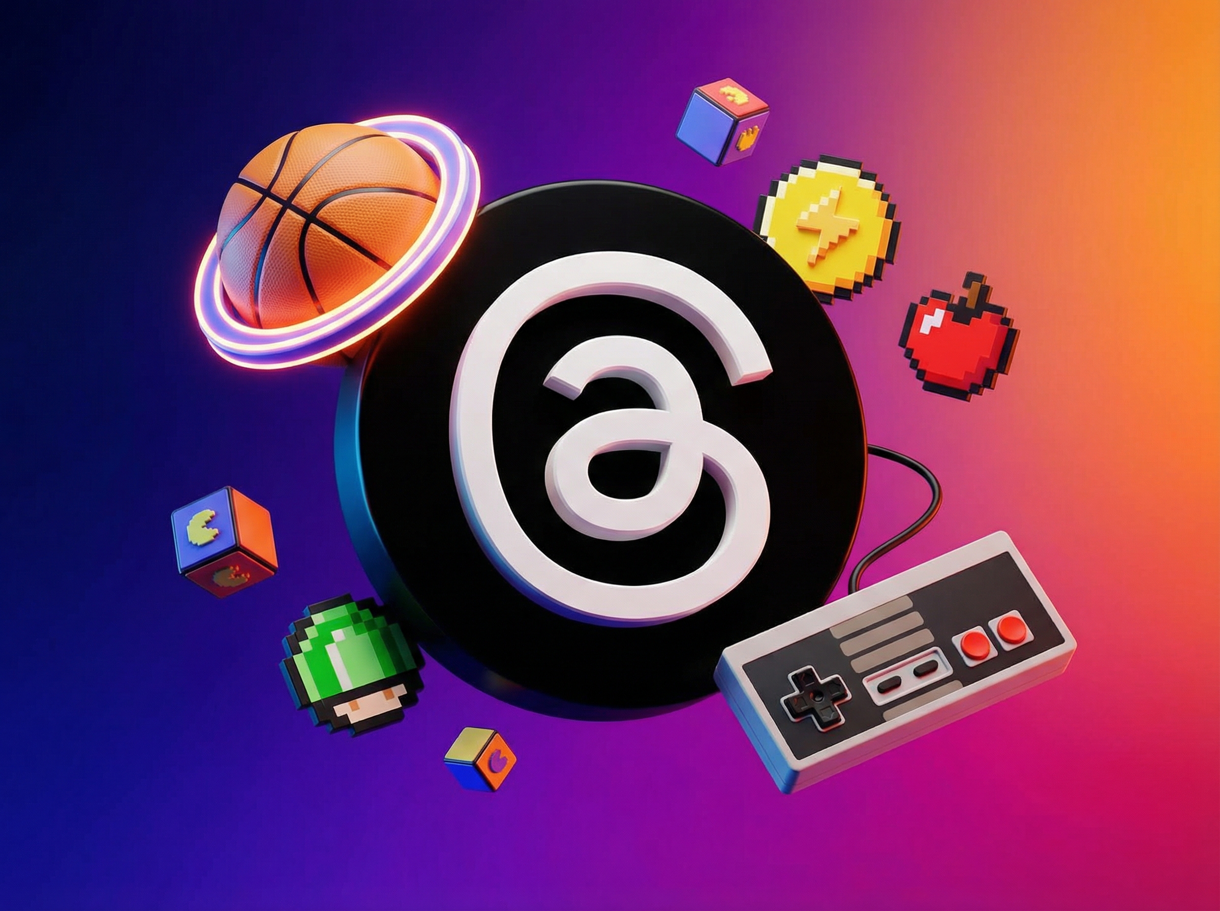 A high-contrast graphic with the Threads logo surrounded by playful 3D gaming elements like a basketball and a game controller. Modern gradient background, professional layout, 4:3 aspect ratio, no text.