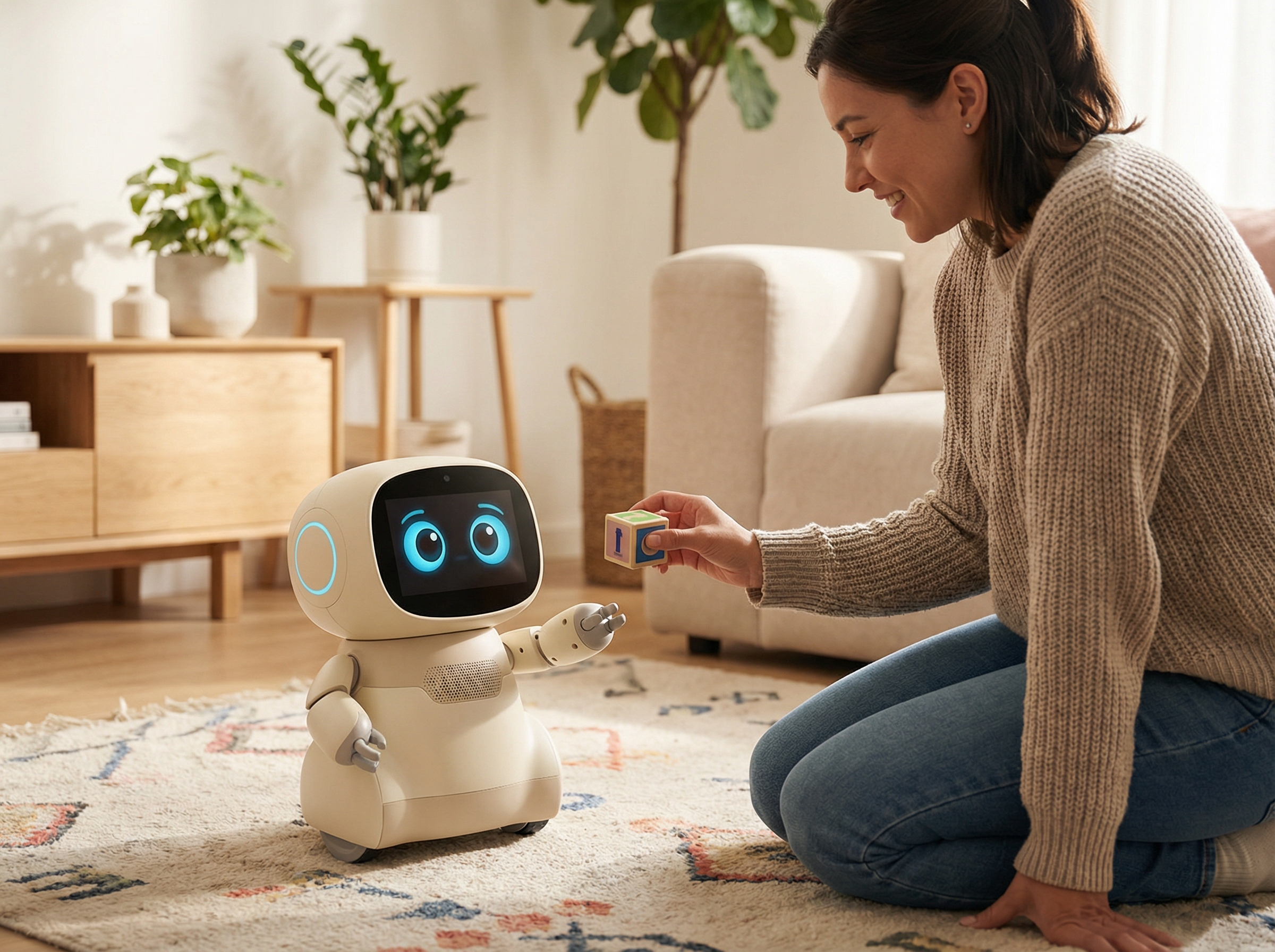A cute small AI companion robot with expressive digital eyes sitting on a modern living room floor interacting with a human, realistic lifestyle photography, warm lighting, no text, 4:3