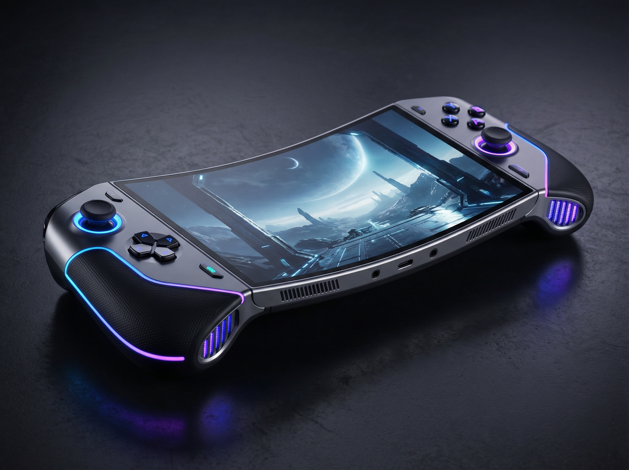 A futuristic handheld gaming console concept with a large screen and ergonomic controllers, glowing LED accents, high-quality product photography, cinematic lighting, 4:3, no text