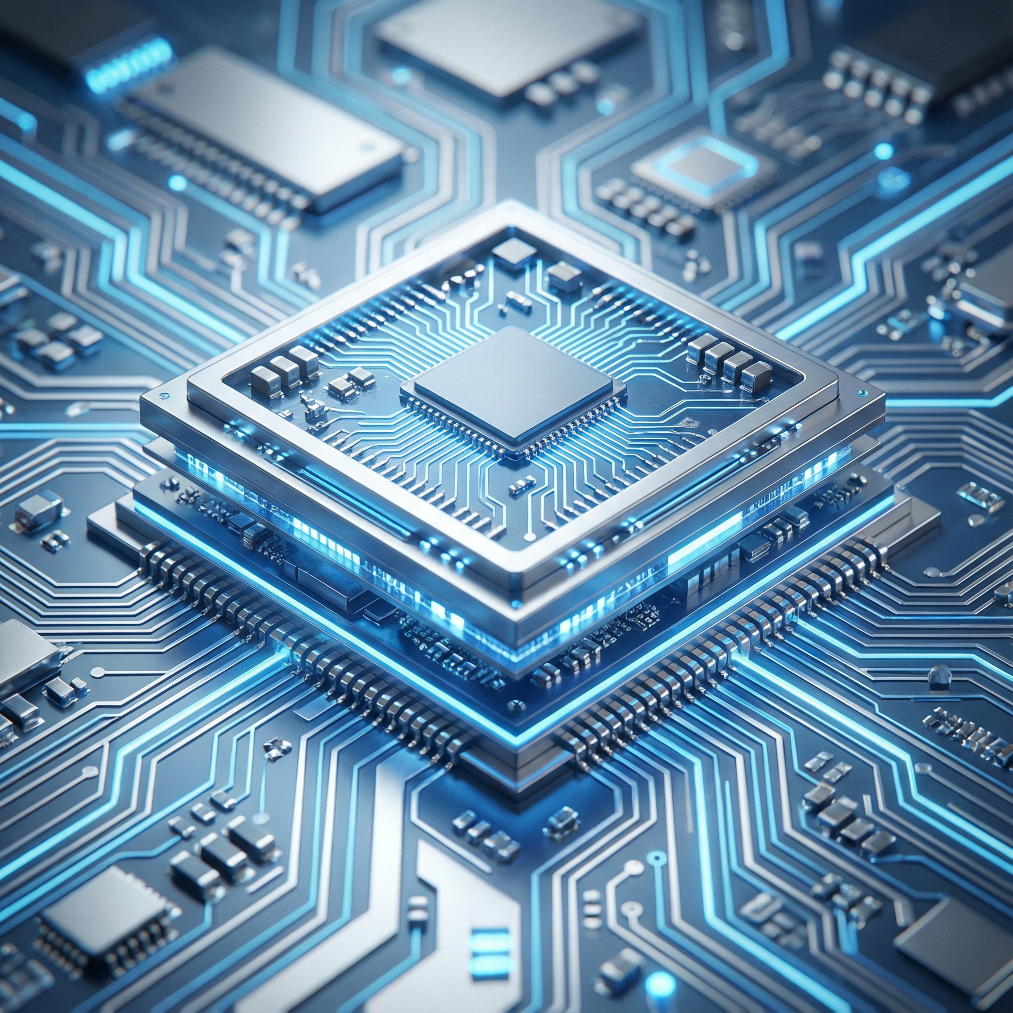 Macro photography of a high-tech semiconductor chip on a futuristic motherboard, blue and silver color palette, technological aesthetics, 1:1, no text