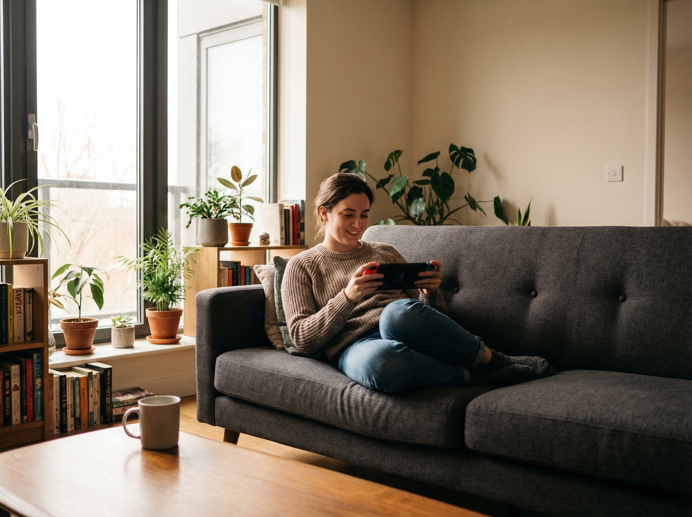 A person sitting comfortably on a modern sofa playing a handheld gaming device, natural sunlight coming through a large window, lifestyle photography, 4:3, no text