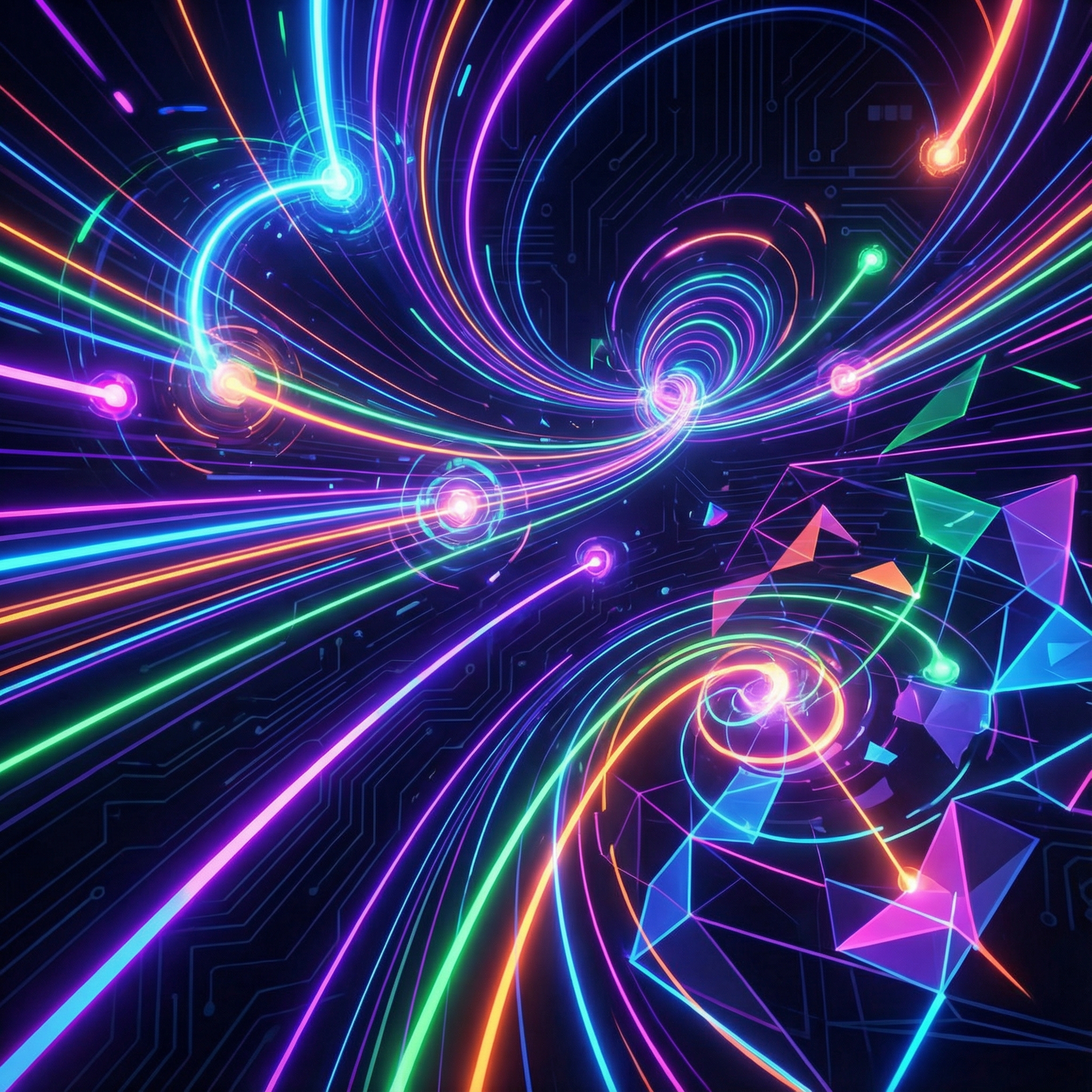 Abstract representation of high-speed data and gaming graphics, vibrant colors, neon light trails, modern digital art style, 1:1, no text