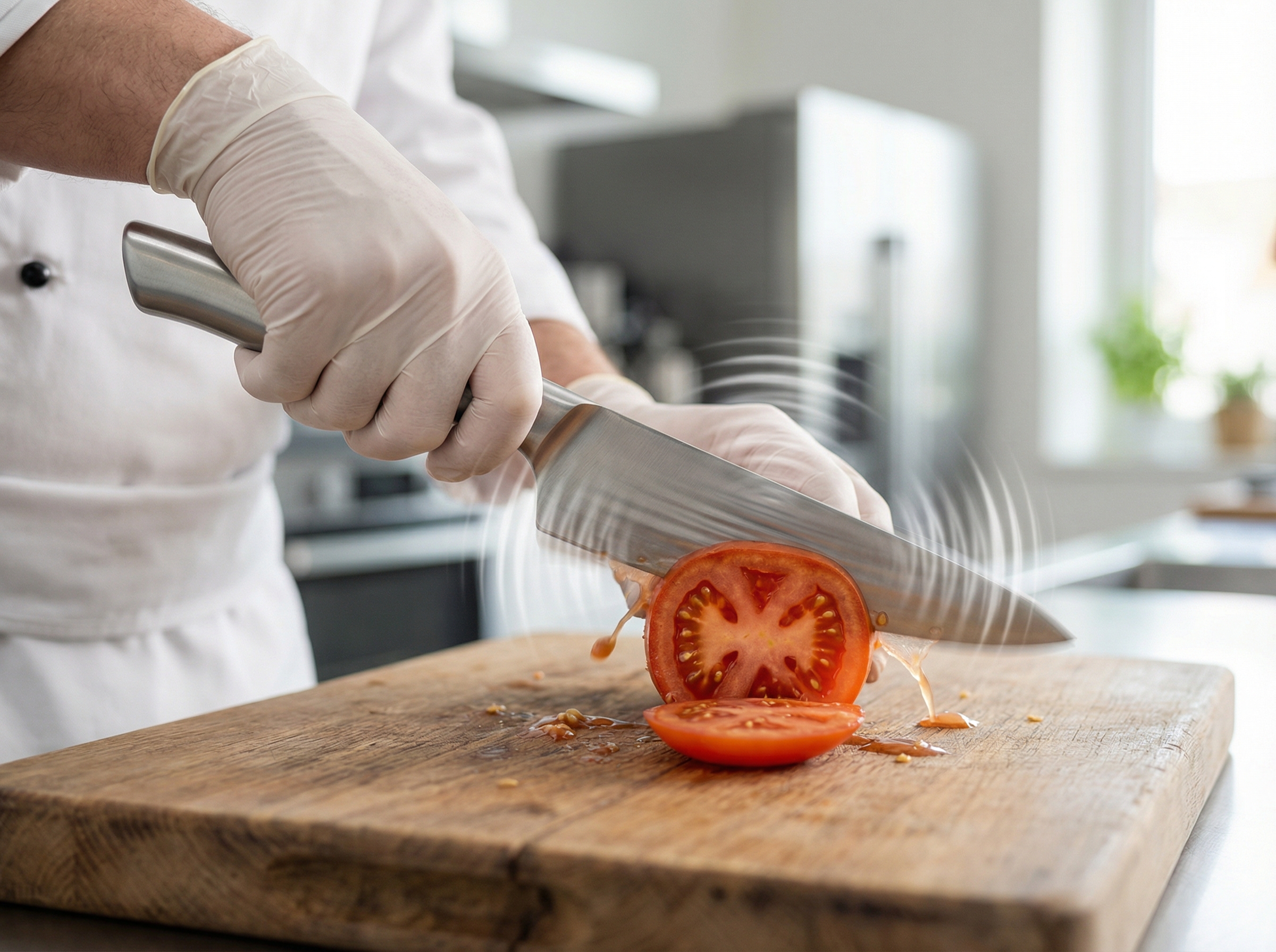 A professional chef's hand using a sleek metallic ultrasonic knife to slice a tomato on a wooden board, clean kitchen background, motion blur suggesting high-speed vibration, 4:3 aspect ratio, no visible text