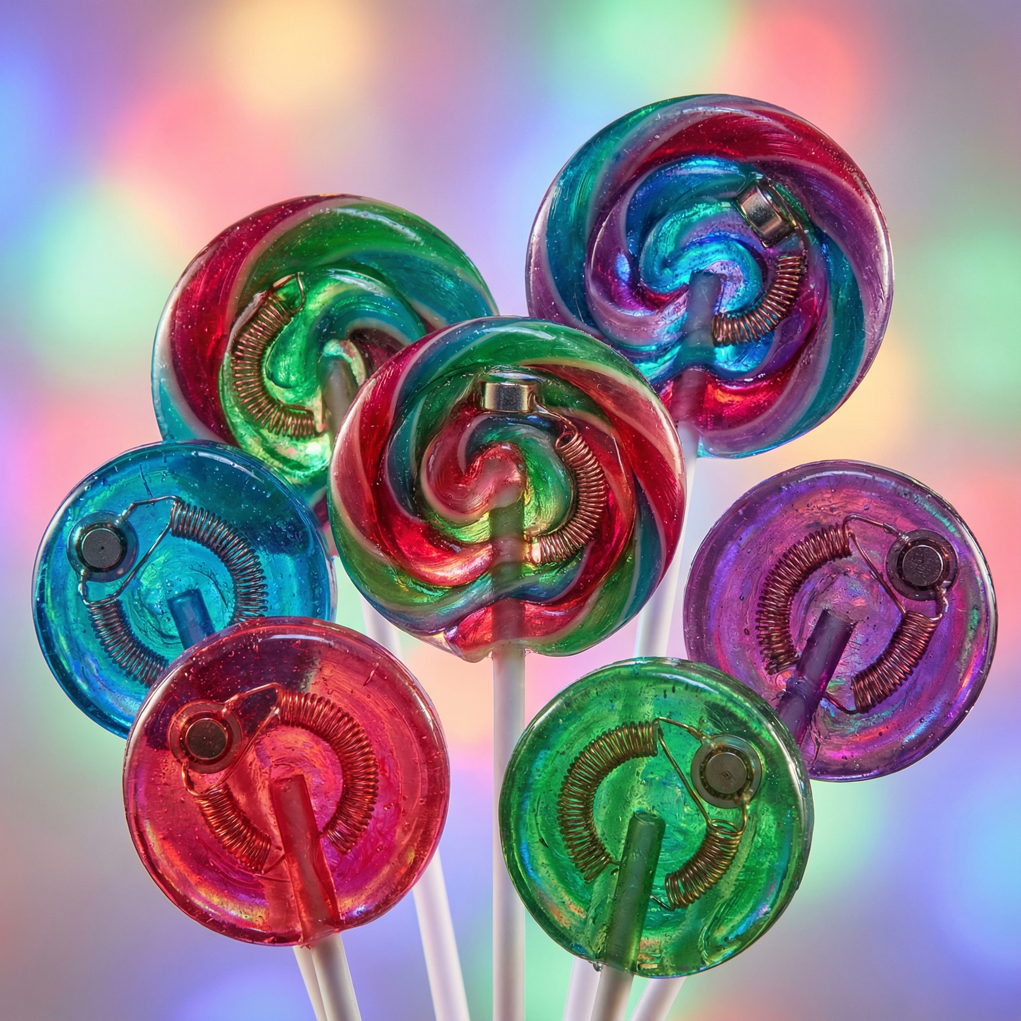 Colorful translucent lollipops with integrated bone conduction tech, glowing slightly, artistic macro shot, vibrant fruity colors, 1:1 aspect ratio, no visible text