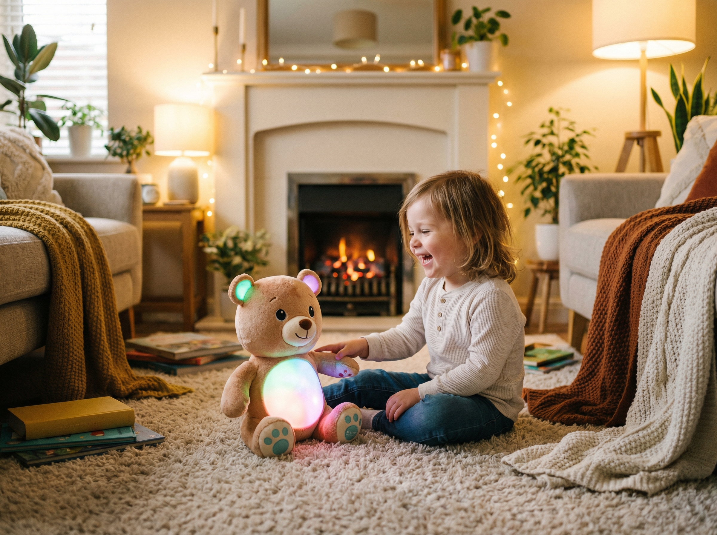 A young child playing with a glowing interactive smart toy bear in a cozy living room, warm lighting, natural lifestyle photography, high quality, 4:3 aspect ratio, no text