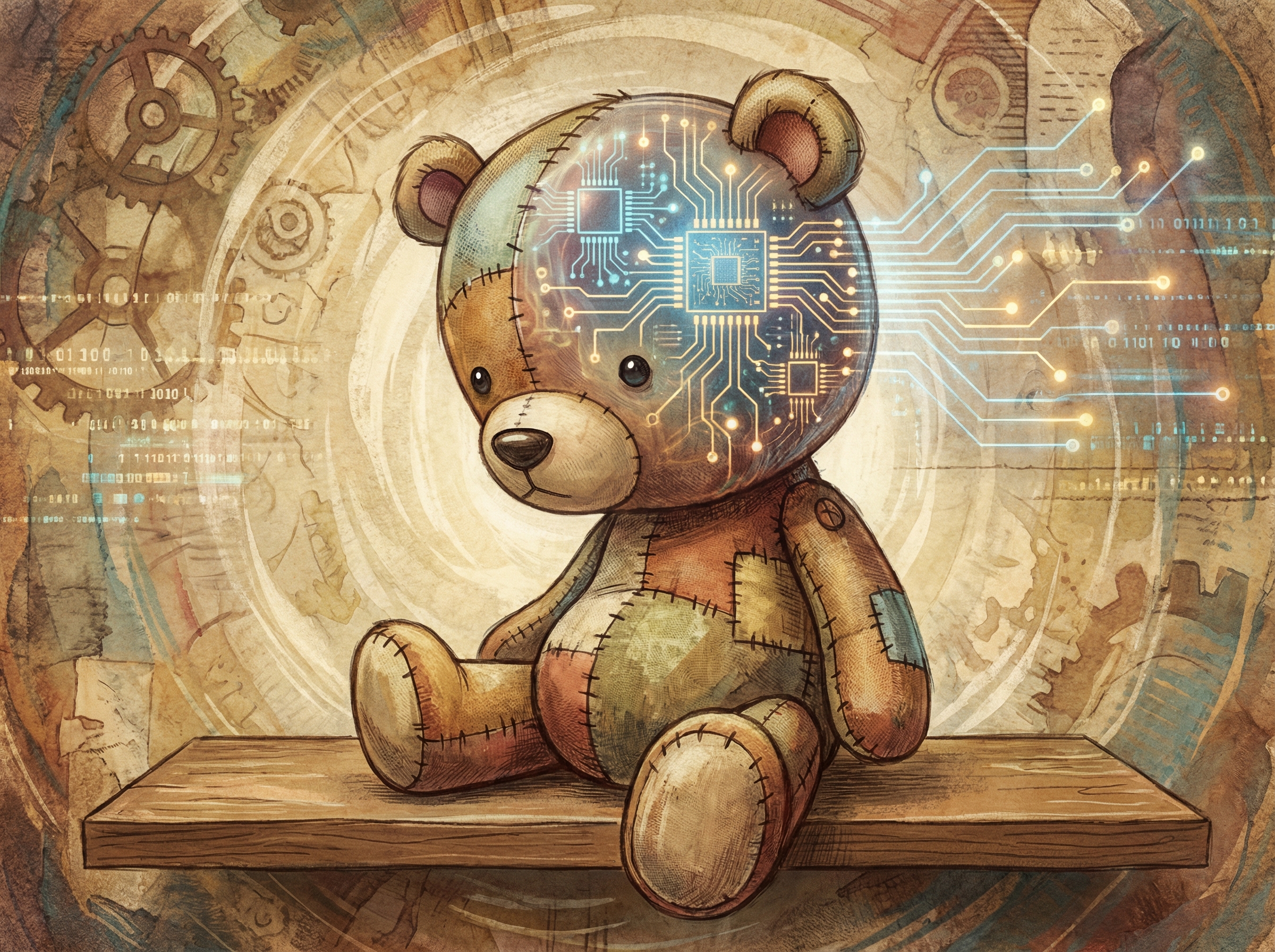 A creative illustration showing a cute toy bear with a glowing digital brain circuitry inside, symbolic of AI integration, artistic rendering, textured background, 4:3 aspect ratio, no text