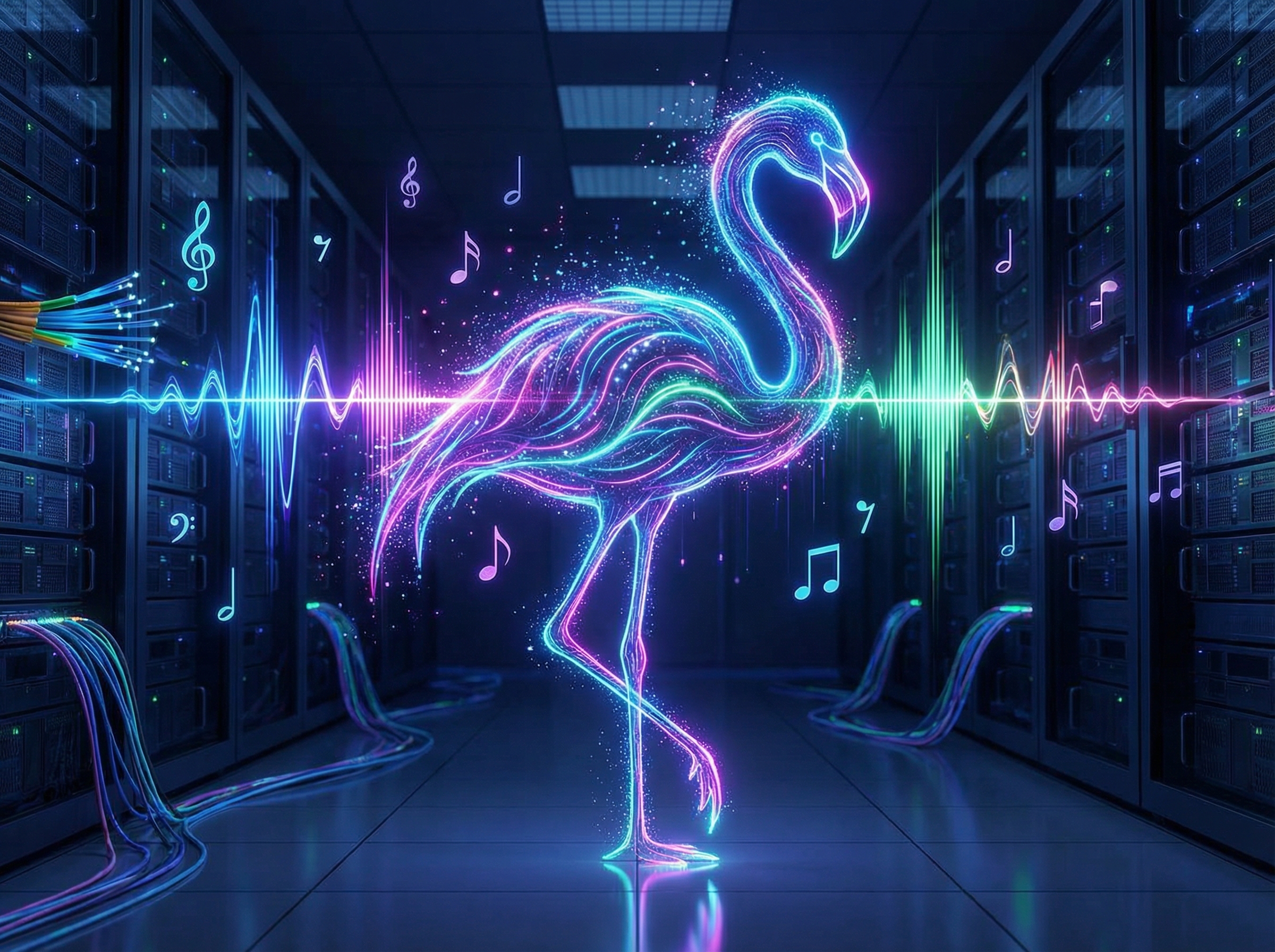 Conceptual illustration of an AI model named Music Flamingo. A stylized, elegant flamingo silhouette made of vibrant neon music waves and digital particles. The background is a dark, sophisticated data center environment with floating musical symbols. Artistic rendering, 4:3 aspect ratio, no text.