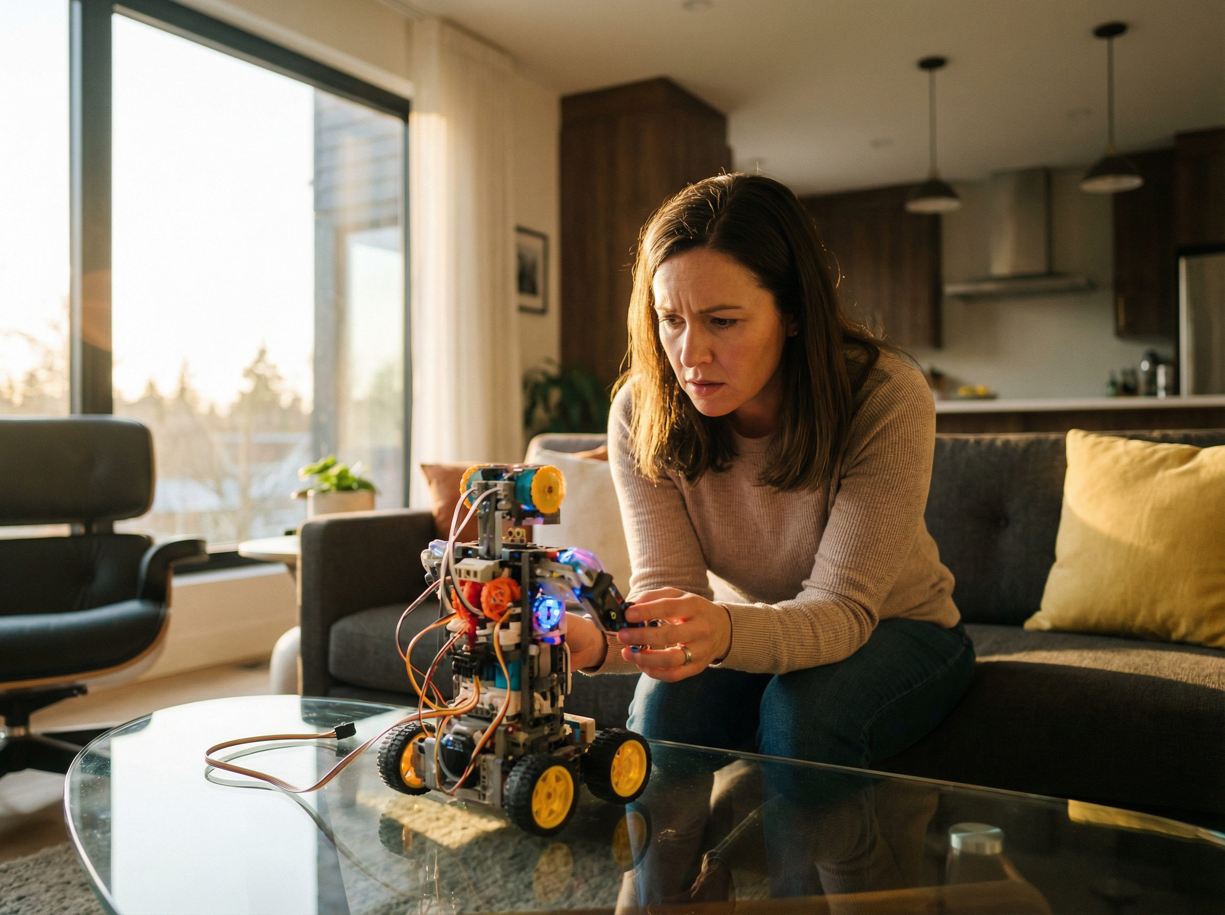 A parent looking concerned while checking a high-tech robotic toy in a sunlit living room, modern home setting, professional photography, 4:3 aspect ratio, no text