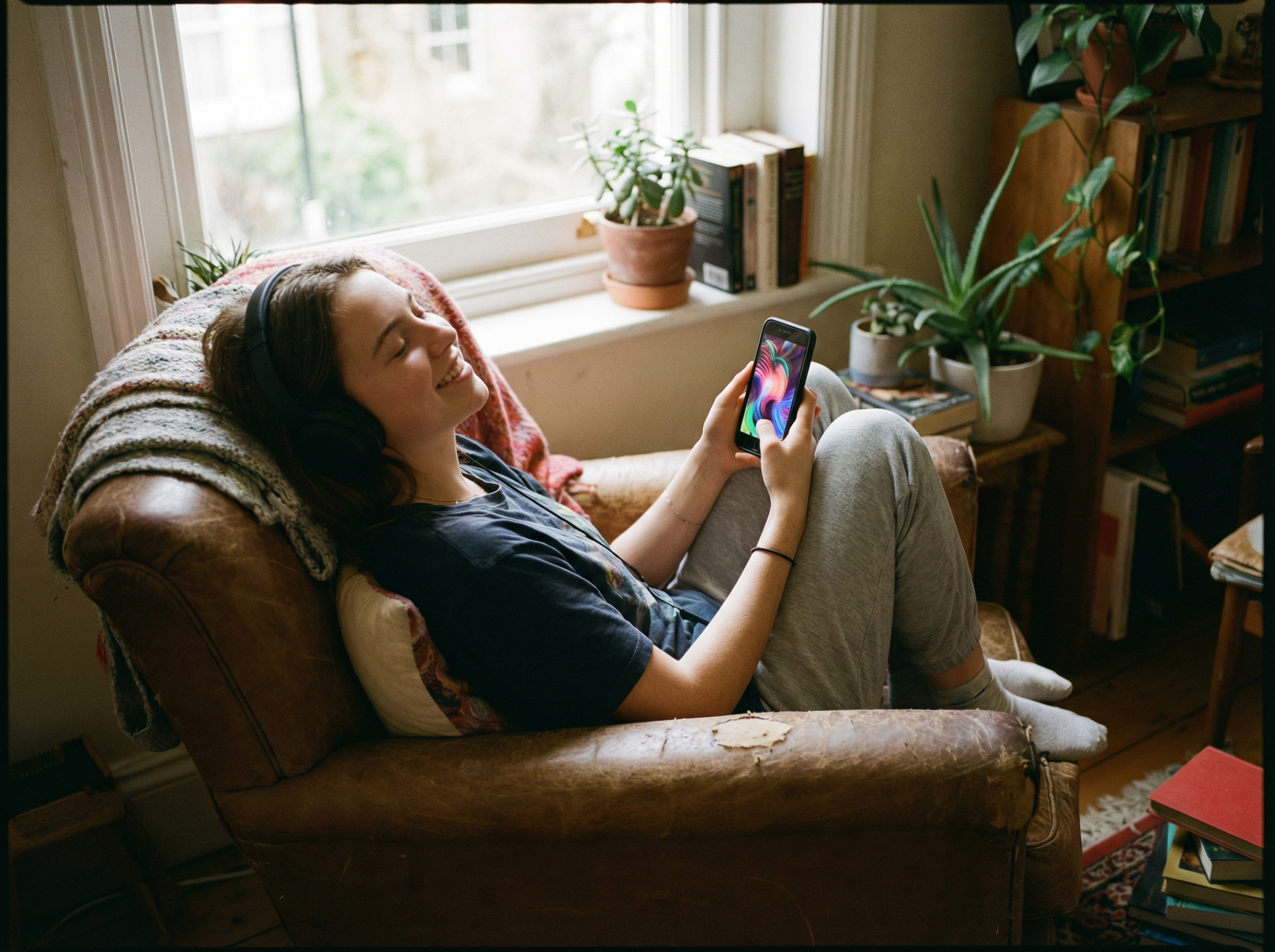 A young person wearing headphones, looking at a smartphone screen that displays colorful, emotional abstract patterns instead of a traditional playlist. The atmosphere is cozy and immersive, highlighting the connection between technology and human emotion. Lifestyle photography, natural lighting. 4:3 aspect ratio, no text.