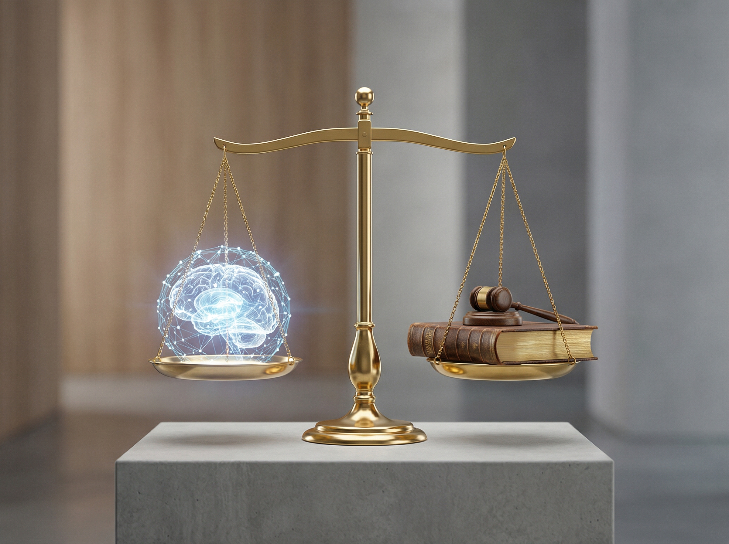 A conceptual illustration of a golden scale of justice with a glowing AI brain on one side and a law book on the other, professional studio lighting, clean modern background, 4:3, no text