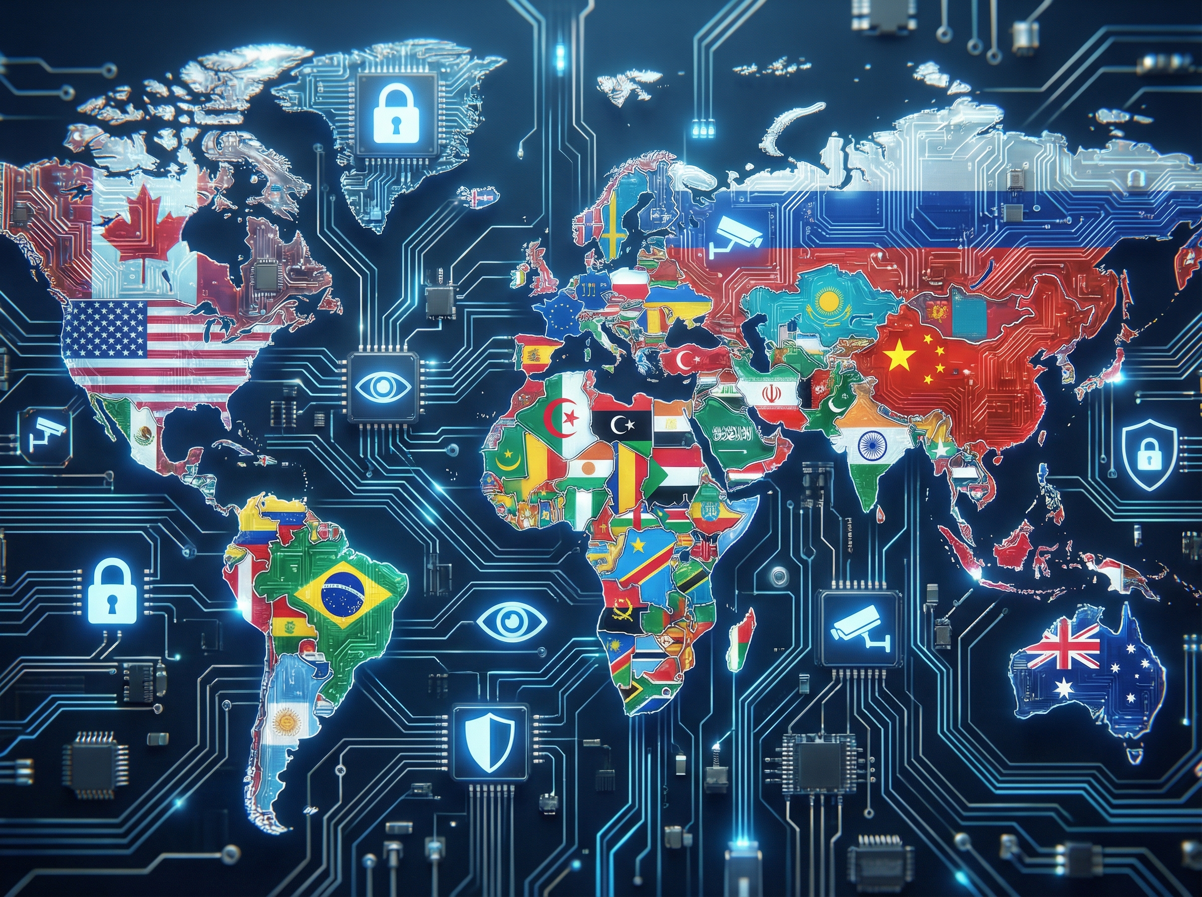 A world map made of digital circuit lines with various national flags subtly integrated, glowing icons representing security and surveillance, high tech aesthetic, blue and silver color palette, 4:3, no text