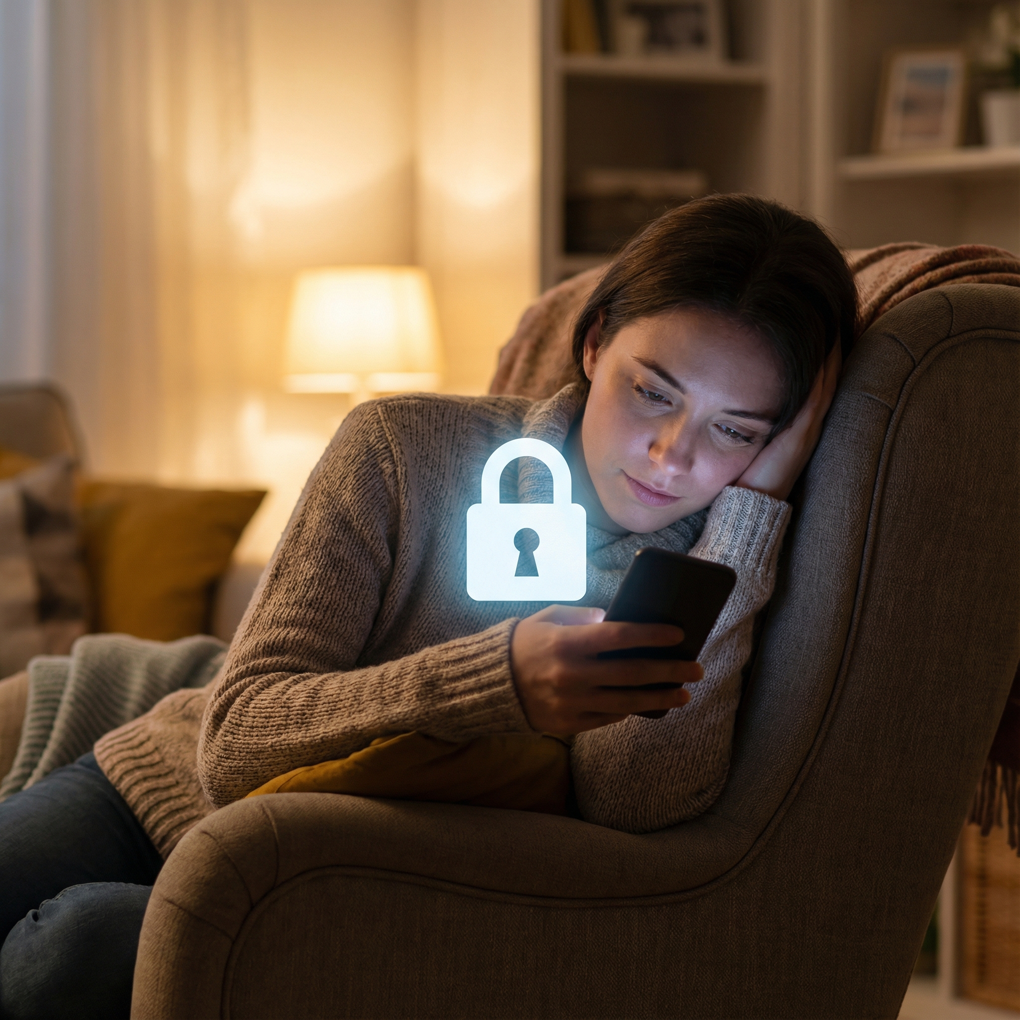 A person looking at a smartphone screen where a large glowing padlock symbol is visible, soft indoor lighting, cozy atmosphere, focused on the concept of digital security, 1:1, no text