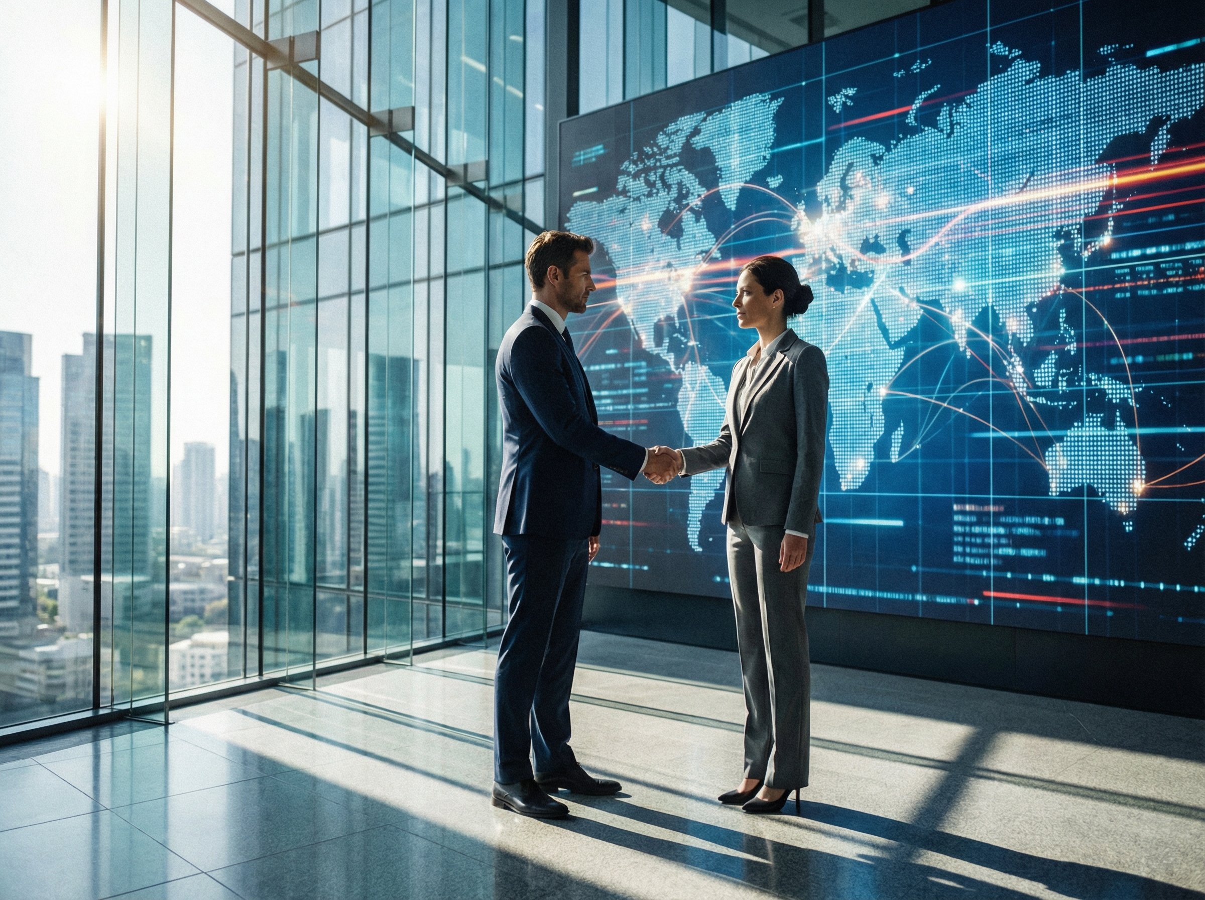 Two professional business people shaking hands in a modern glass office skyscraper with a background of a digital world map and data streams, high contrast, professional atmosphere, 4:3 aspect ratio, no text.