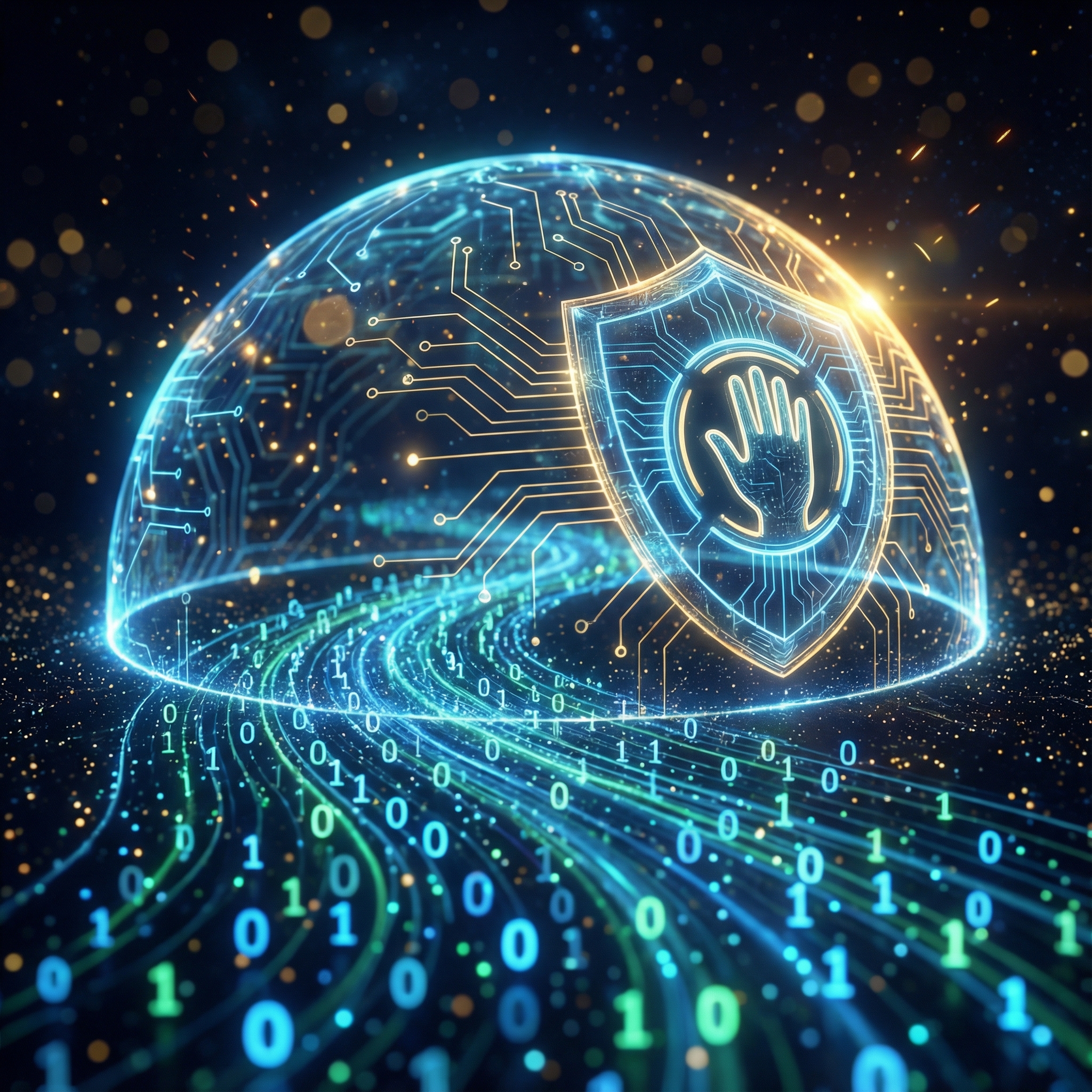 A glowing digital shield protecting a stream of binary codes and data particles, dark background with subtle golden sparks, symbolizing AI safety and ethical boundaries, 1:1 aspect ratio, no text.
