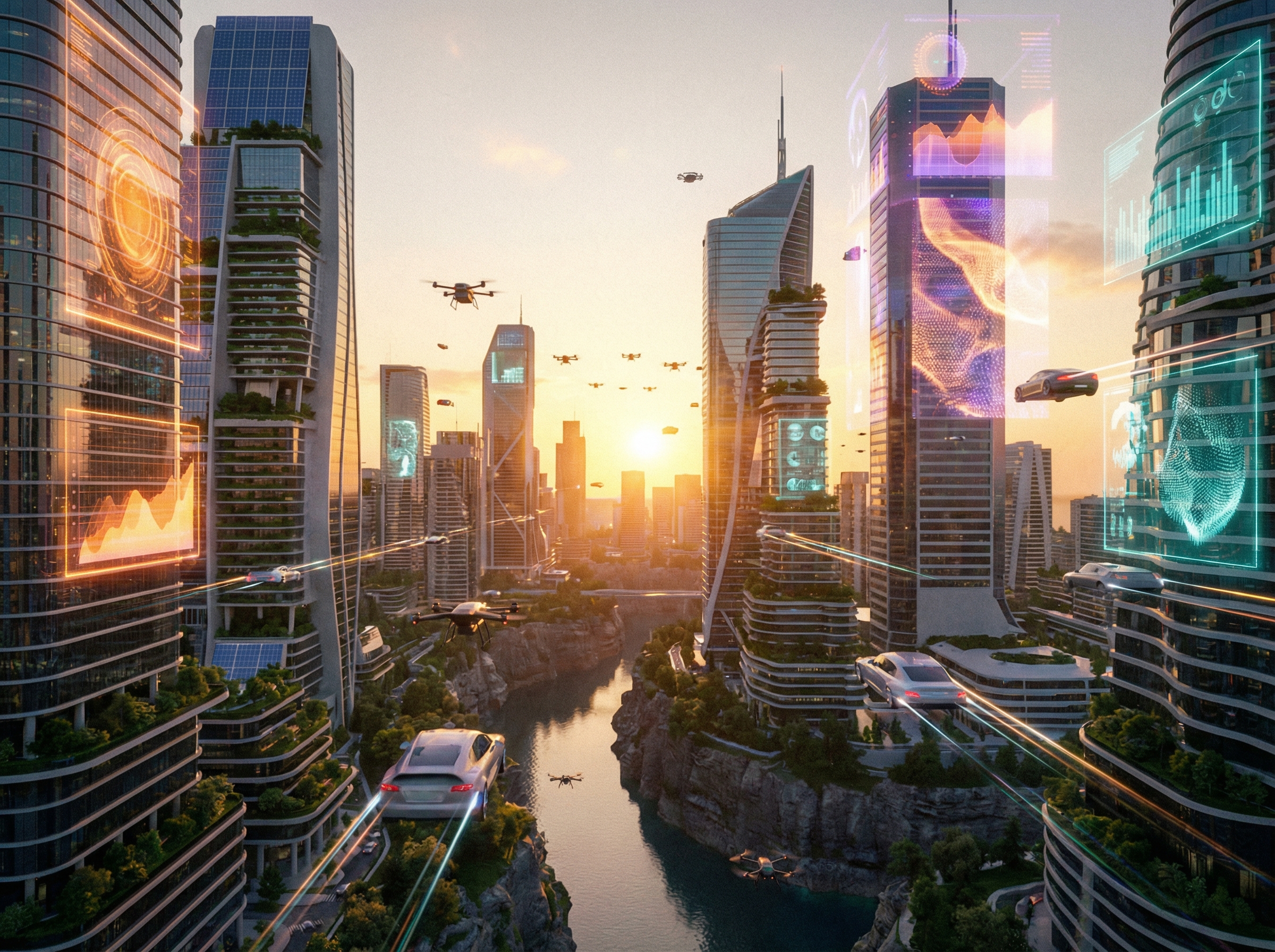 A breathtaking view of a smart city in the year 2026 with flying drones and holographic displays, sunset lighting, vibrant colors, detailed architecture, 4:3 aspect ratio, no text.