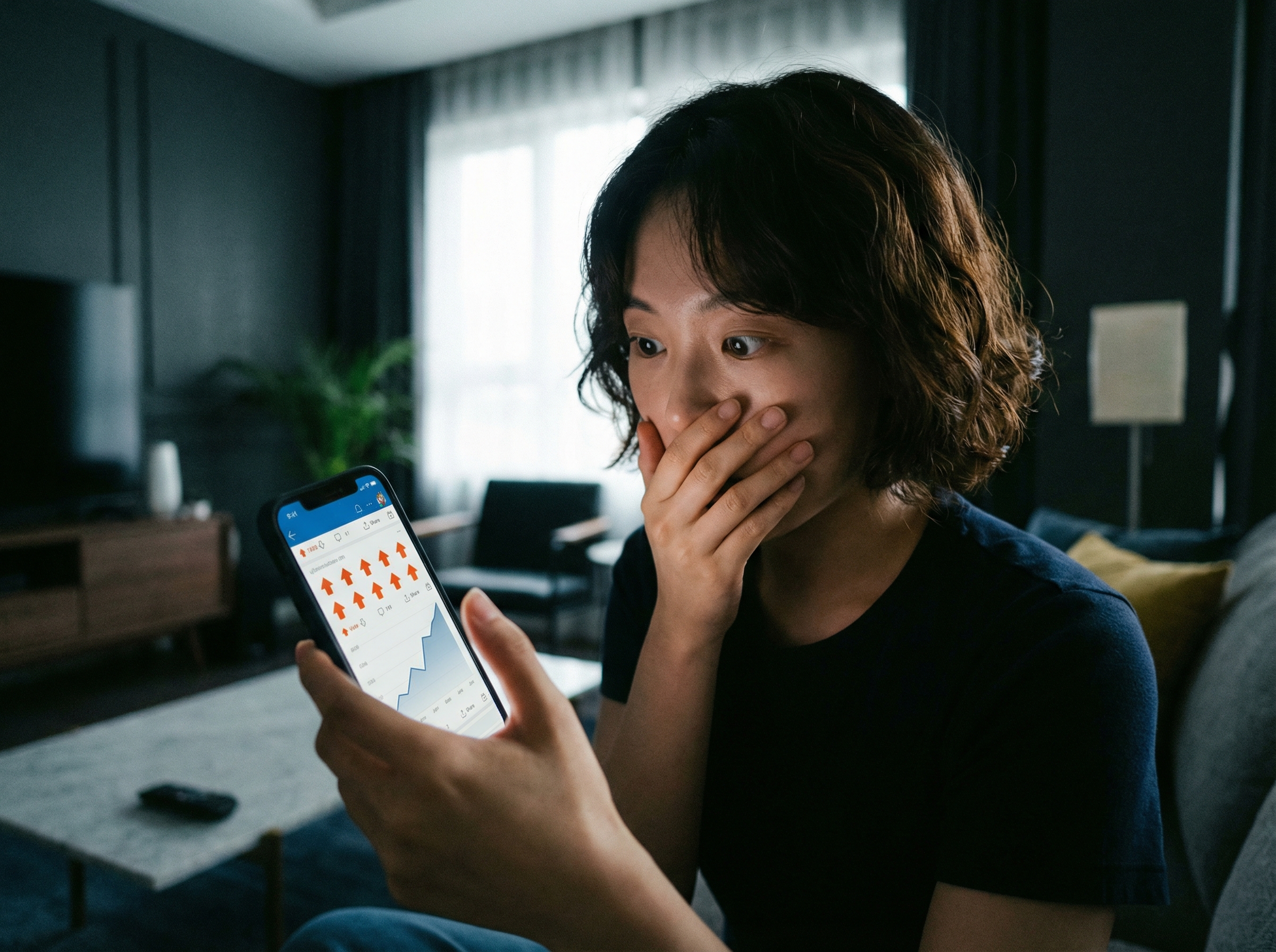 A Korean person looking at a smartphone screen with a shocked facial expression in a dimly lit modern room. The screen shows a social media interface with many upvotes. High-quality lifestyle photography, natural lighting, 4:3 aspect ratio, no visible text.
