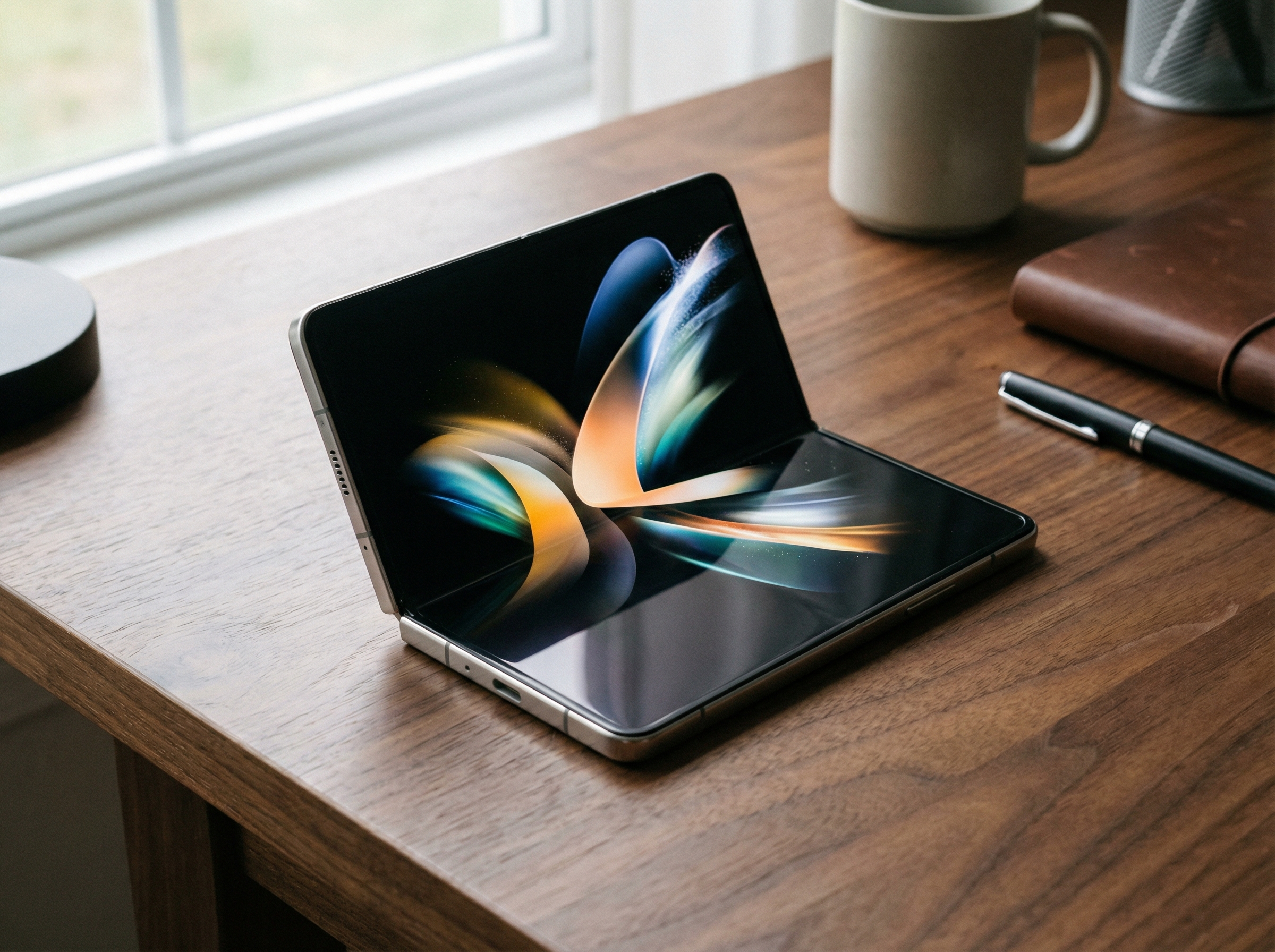 A modern book-style foldable smartphone partially unfolded on a sleek wooden desk, showing a large vibrant internal OLED screen, high-tech and premium atmosphere, soft natural lighting, 4:3 aspect ratio, no text