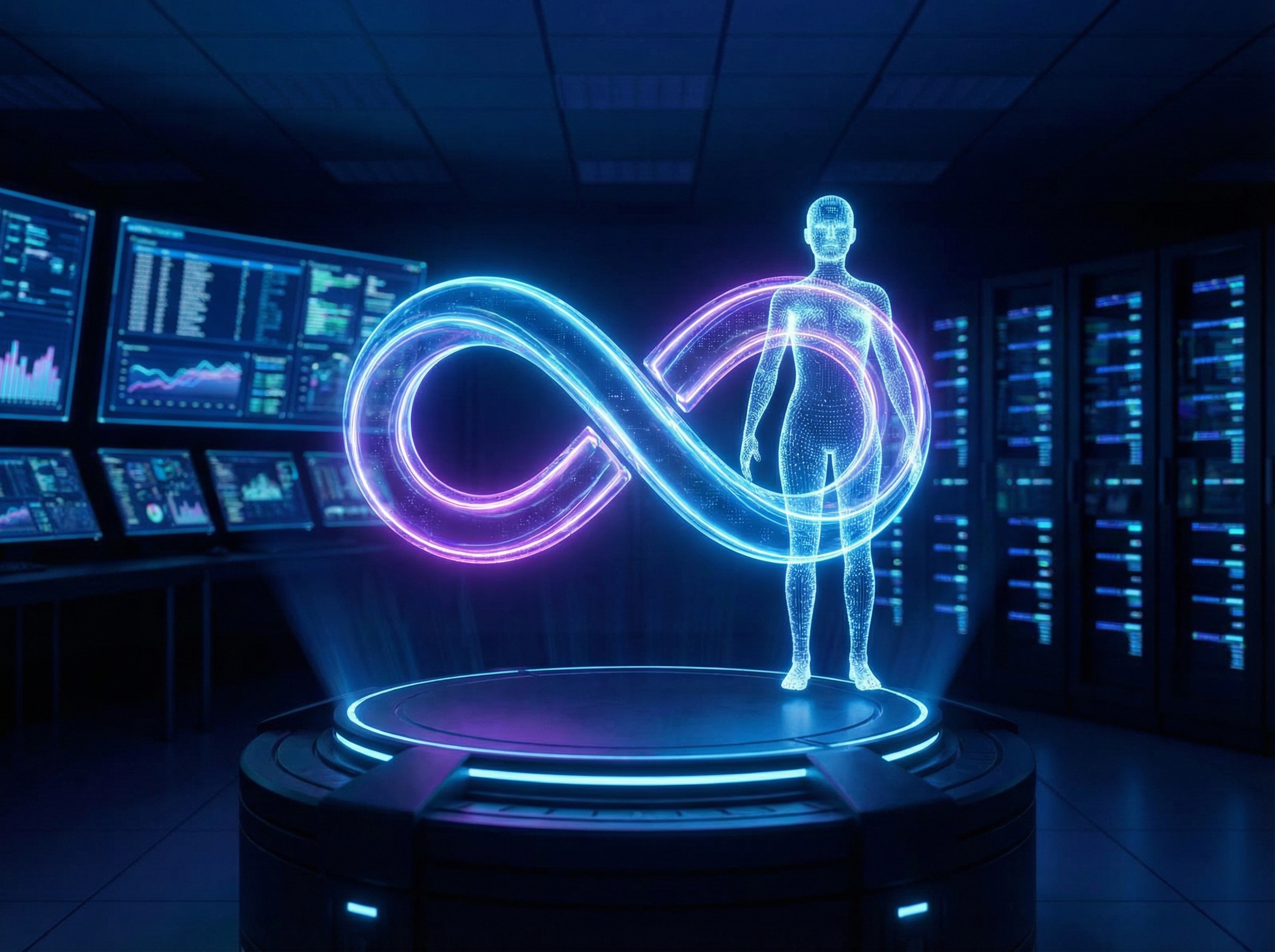 A futuristic digital interface showing Meta's logo merging with a sophisticated AI agent avatar named Manus. High contrast blue and purple lighting, sleek corporate tech environment, 4:3 aspect ratio, no text.