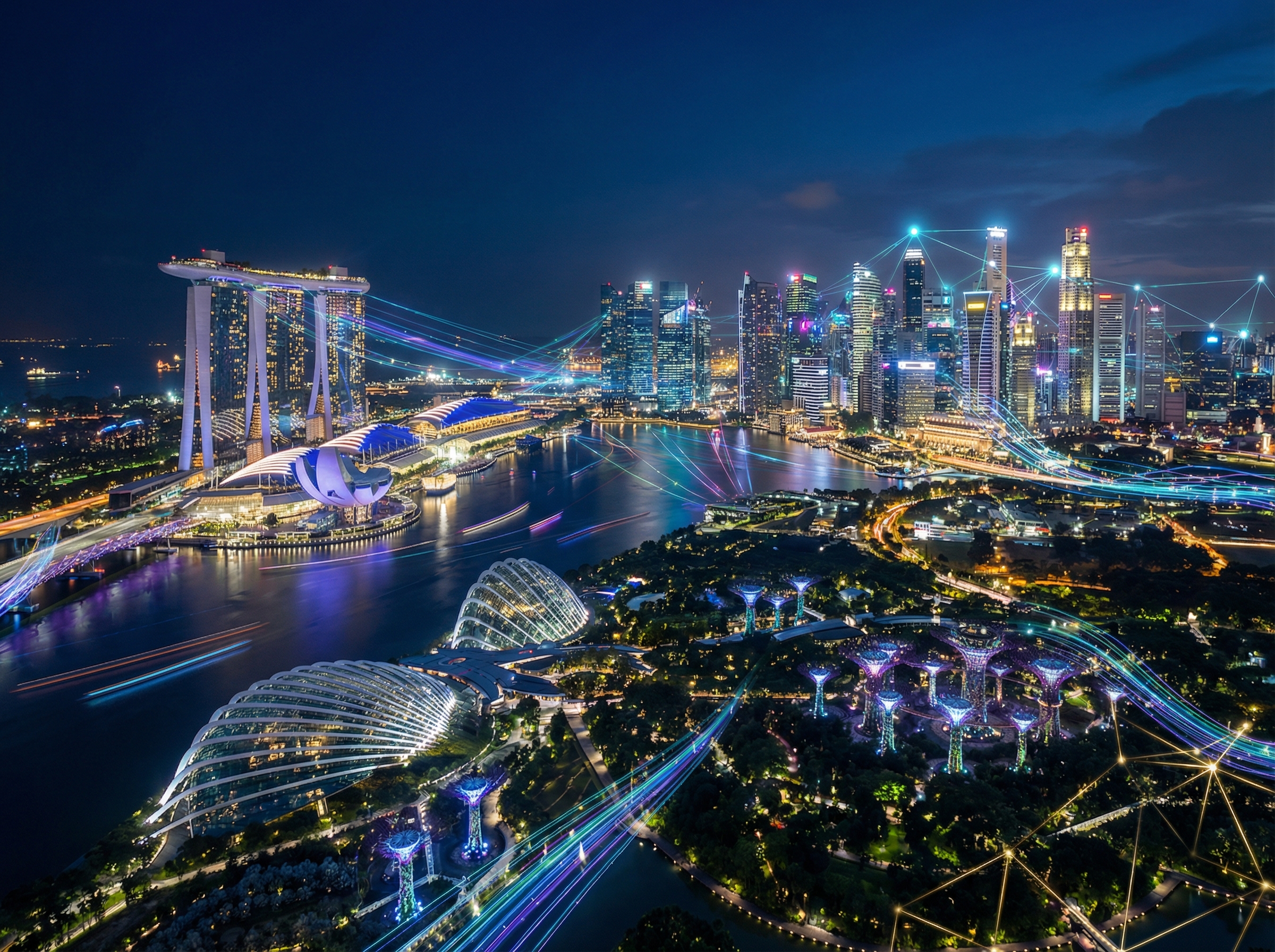 A wide shot of the Singapore skyline at night with glowing digital data streams and network nodes overlaid on the architecture. Representing a global tech hub, vibrant colors, realistic photography, 4:3 aspect ratio, no text.