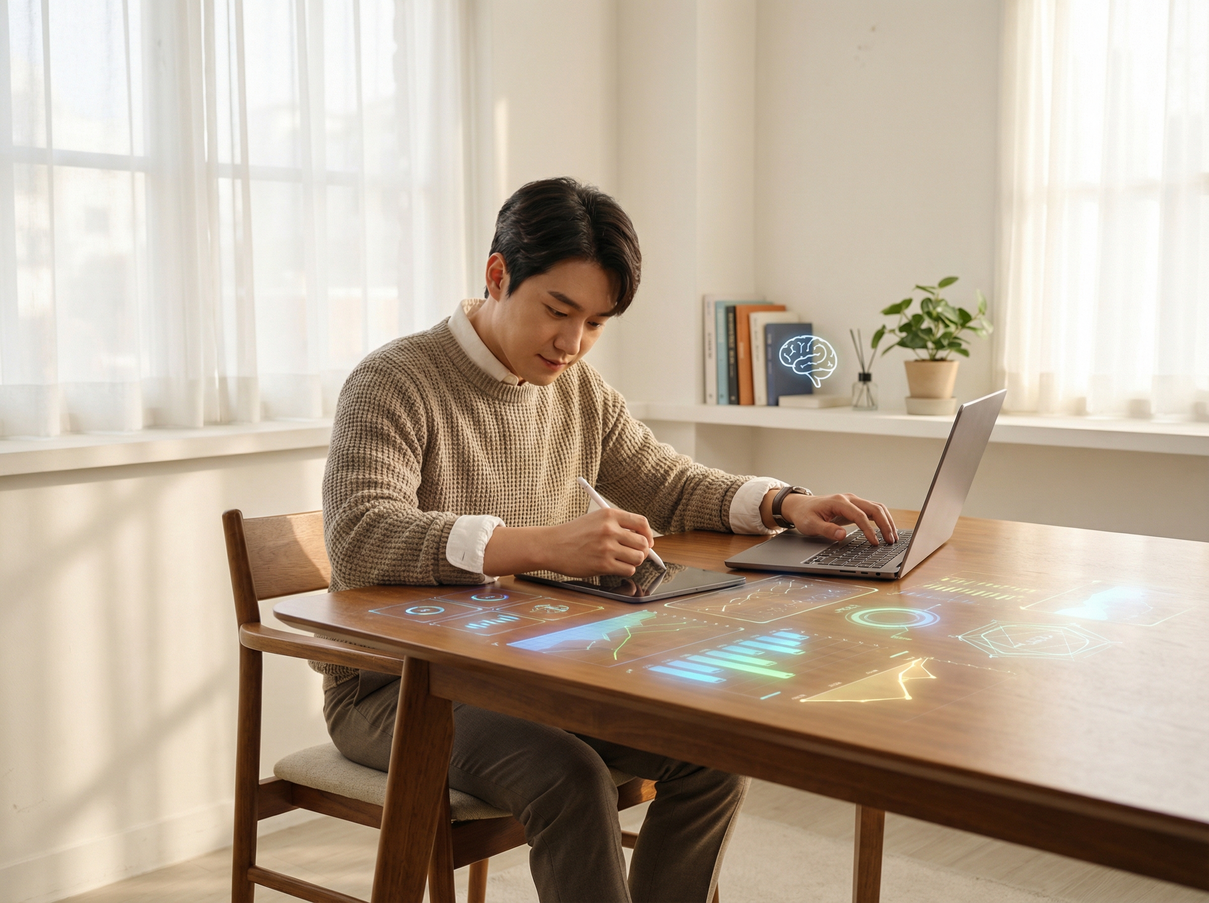 A modern professional person sitting in a bright, minimalist workspace, using a tablet and laptop simultaneously, digital light patterns reflecting on the desk, symbols of lifelong learning and AI integration, warm and focused atmosphere, 4:3 aspect ratio, no text.