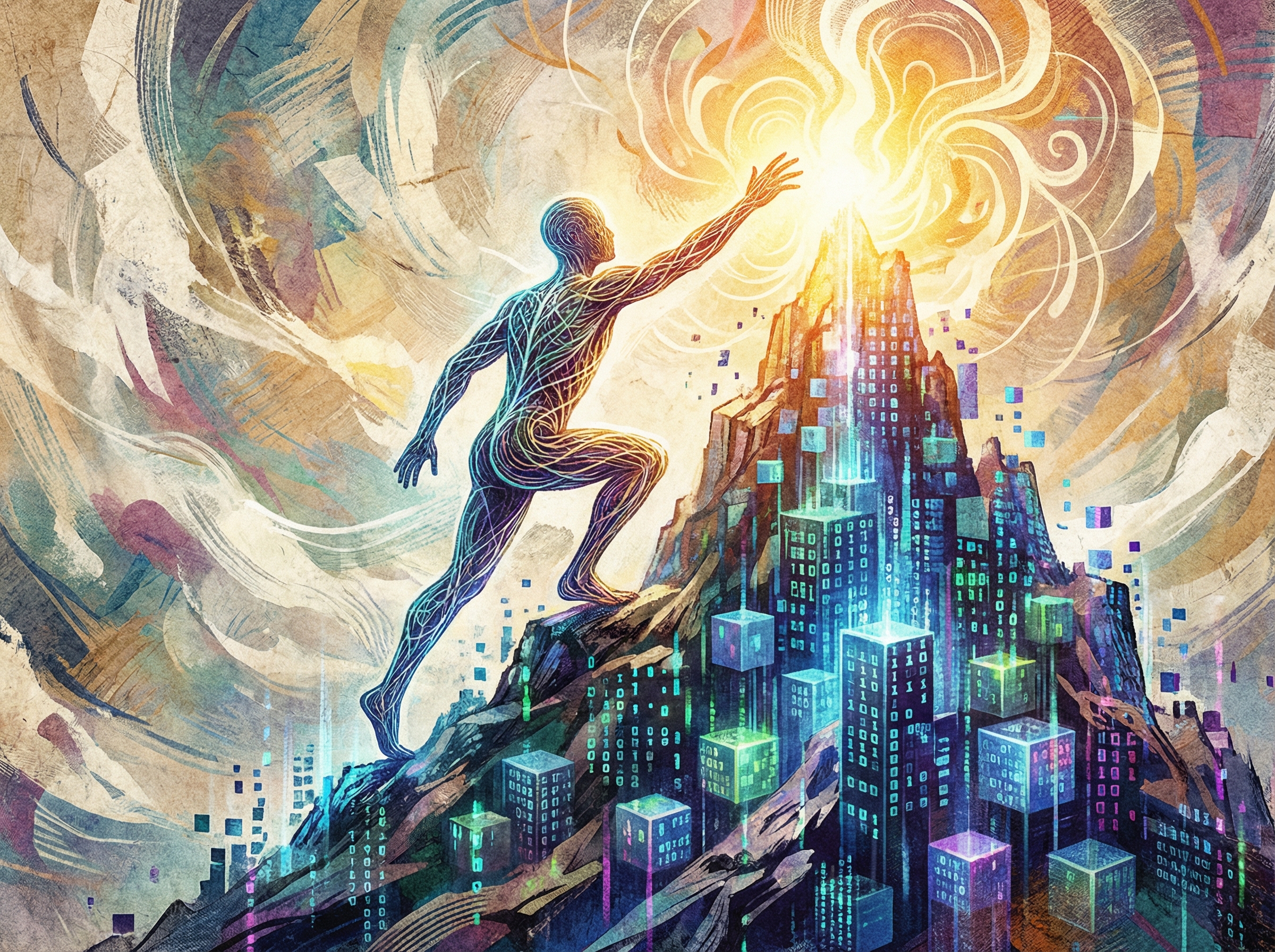 A symbolic image of a person climbing a mountain made of glowing digital data blocks, reaching towards a bright light of innovation, artistic rendering, textured background, vibrant colors, 4:3 aspect ratio, no text.
