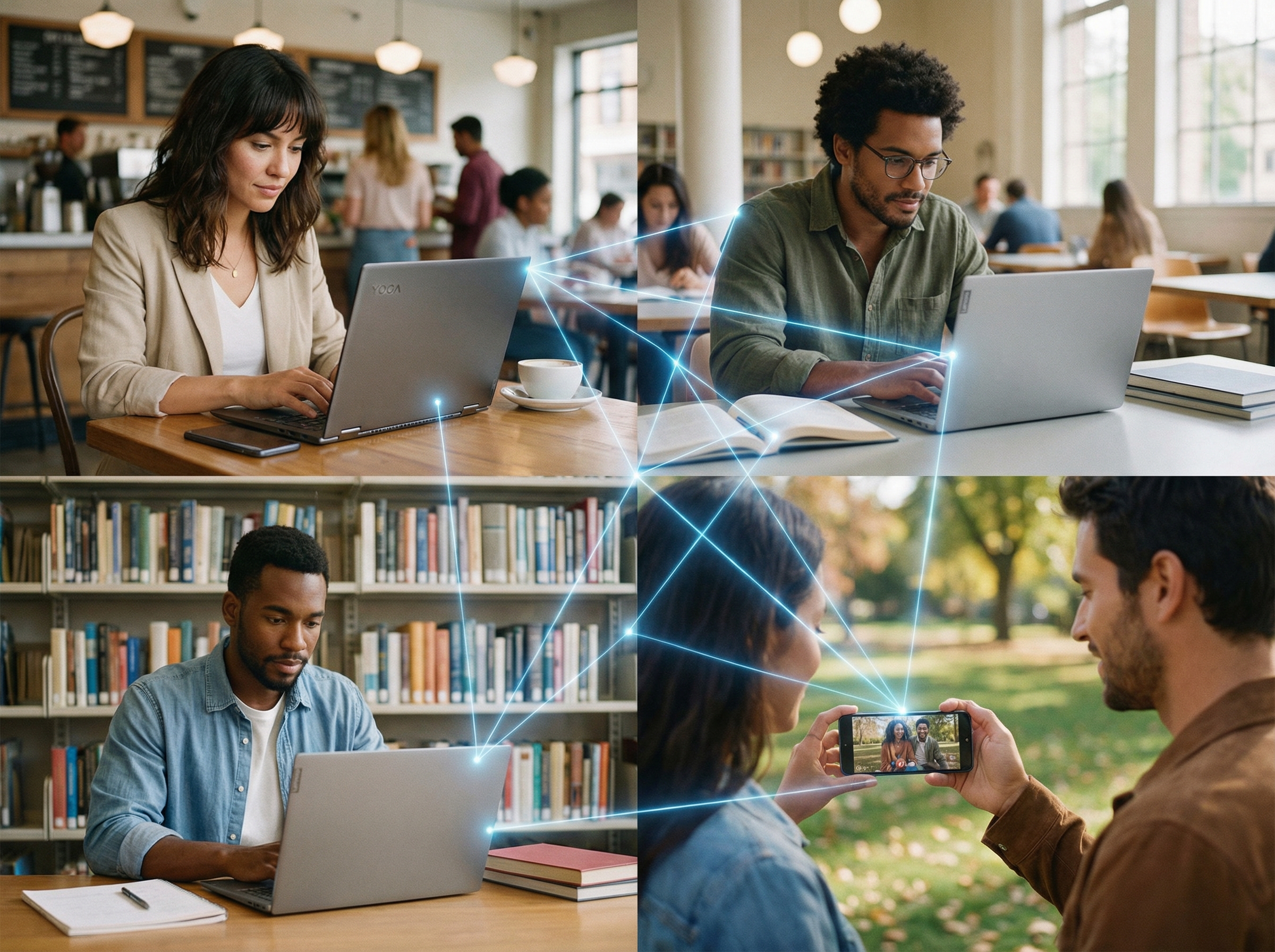 A diverse group of people using Lenovo laptops and phones in various daily life settings like a cafe, a library, and a park. A subtle network of light connecting them to represent a unified AI ecosystem. Warm lifestyle photography, 4:3 aspect ratio, no text.